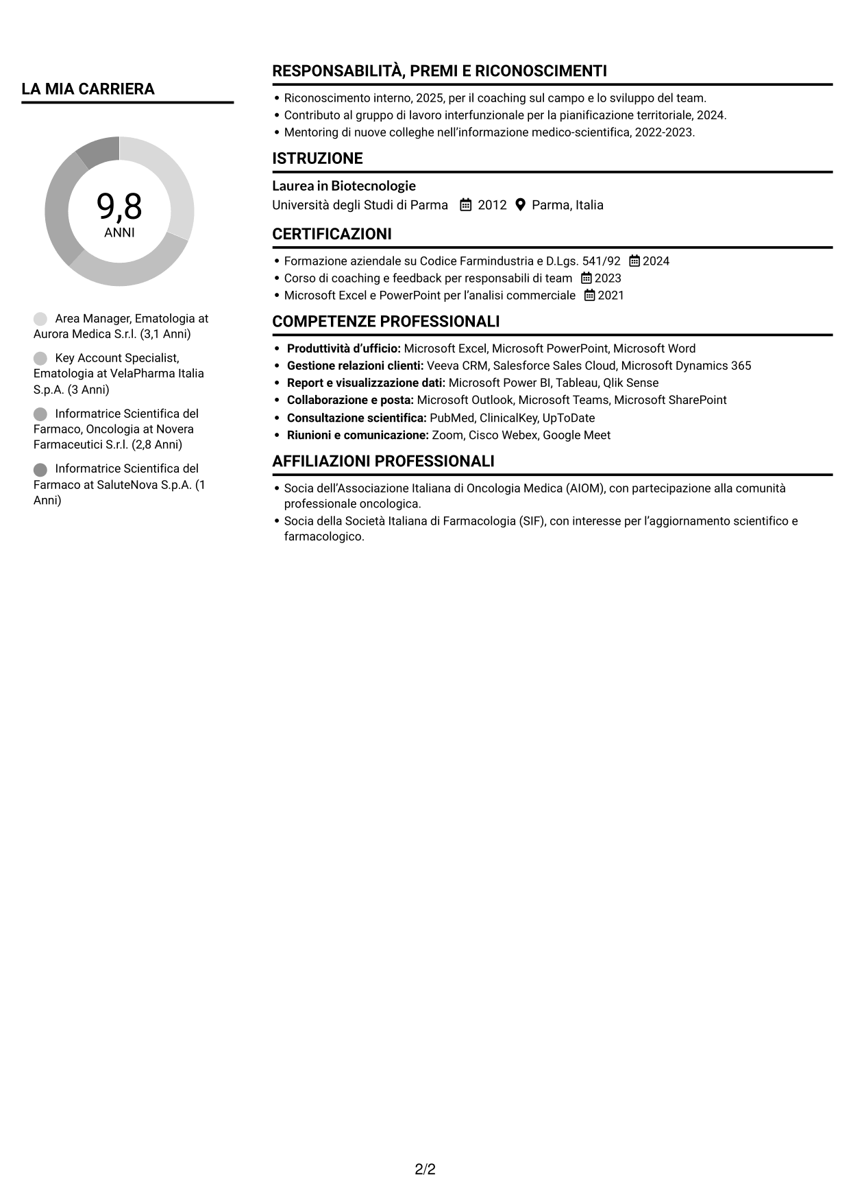 CV Compatto (formato sobrio a due colonne con foto): Area Manager - Ematologia, pagina 2
