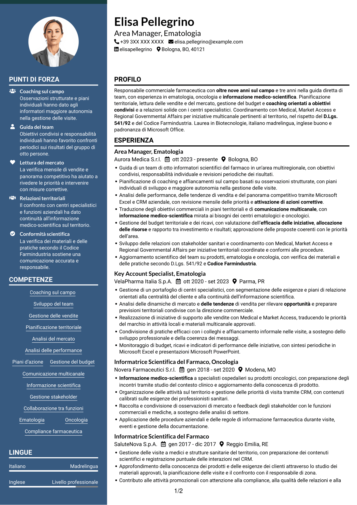 CV Elegante (formato con colonna laterale colorata e foto): Area Manager - Ematologia, pagina 1