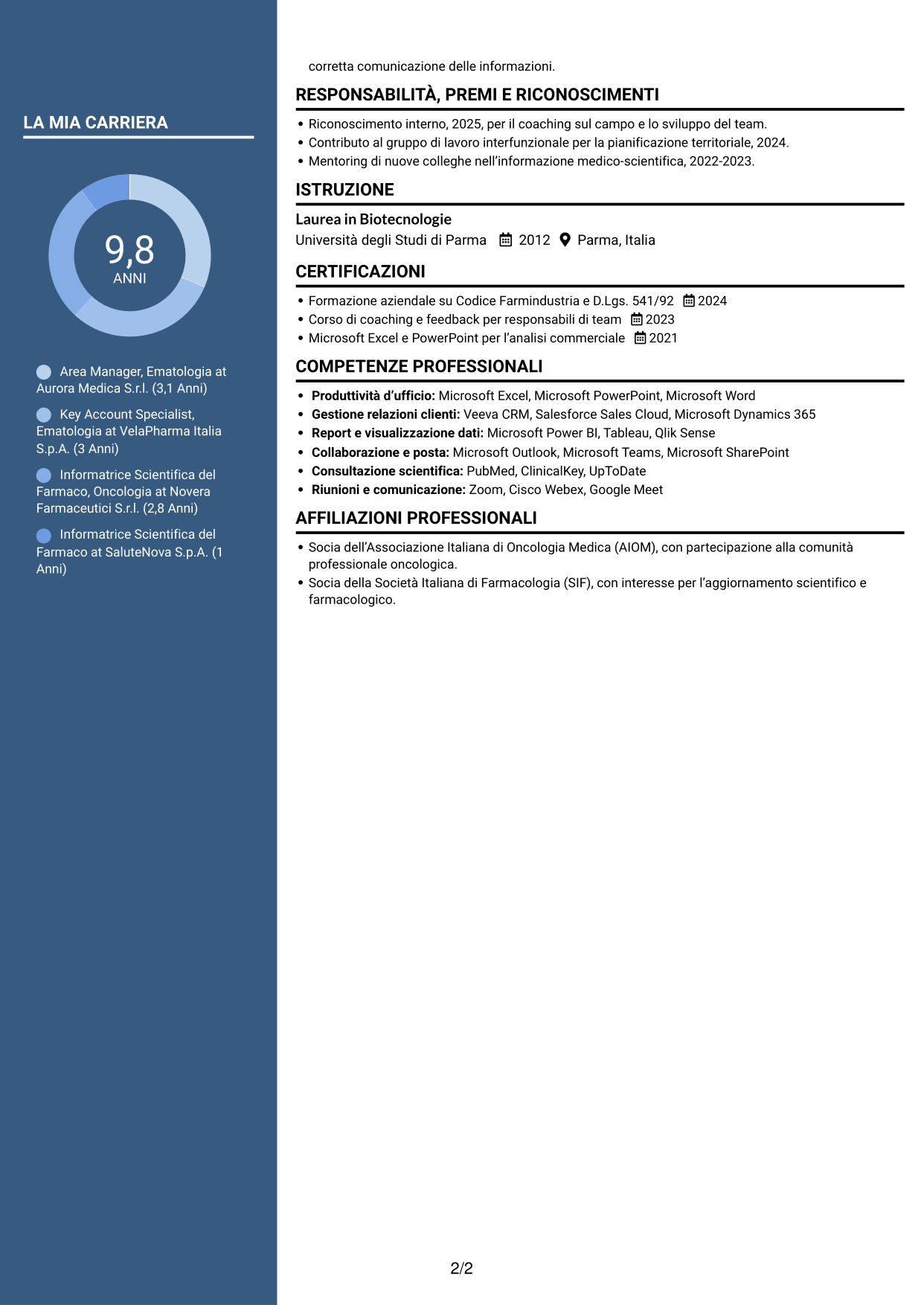 CV Elegante (formato con colonna laterale colorata e foto): Area Manager - Ematologia, pagina 2