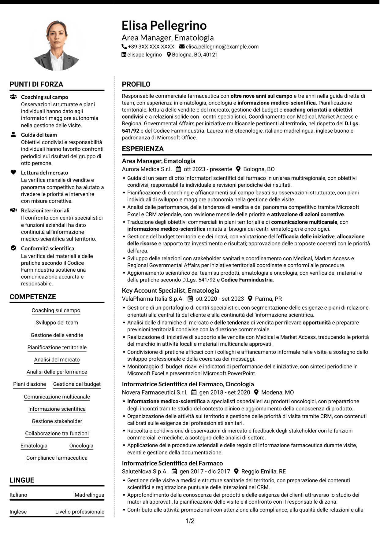 CV Moderno (formato a due colonne con foto a sinistra e separatore): Area Manager - Ematologia, pagina 1