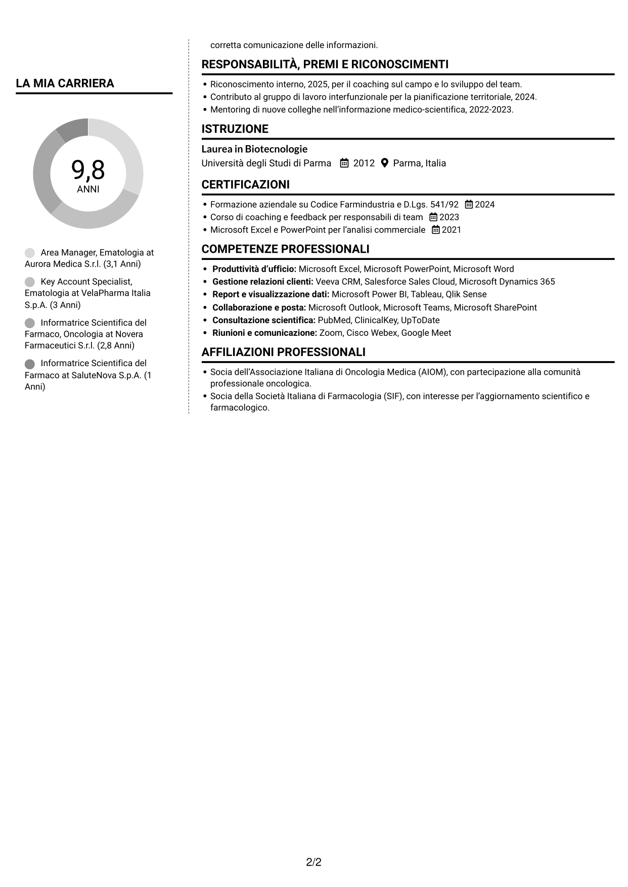 CV Moderno (formato a due colonne con foto a sinistra e separatore): Area Manager - Ematologia, pagina 2
