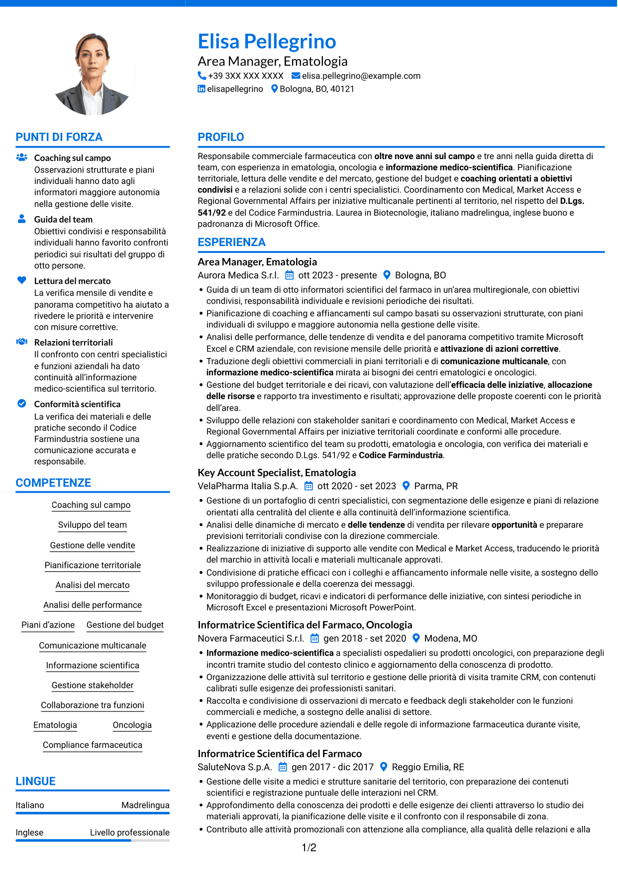 CV Audace (formato a due colonne con accenti colorati e foto): Area Manager - Ematologia, pagina 1
