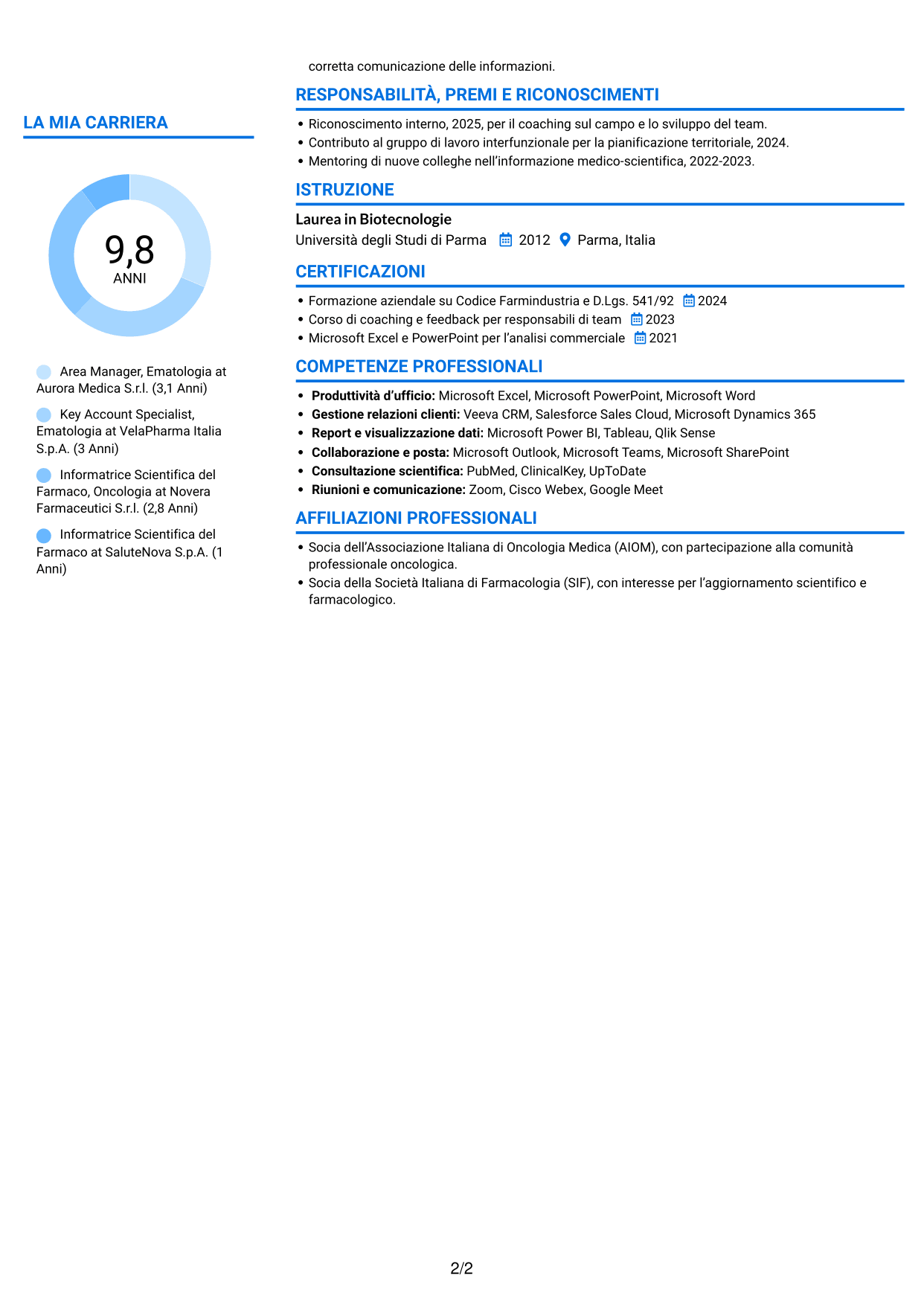 CV Audace (formato a due colonne con accenti colorati e foto): Area Manager - Ematologia, pagina 2