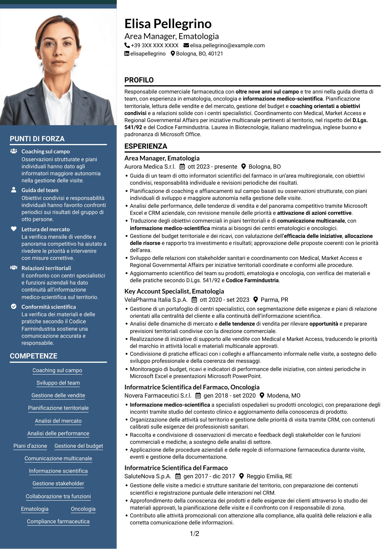 CV Signature (formato con colonna laterale colorata e foto grande): Area Manager - Ematologia, pagina 1