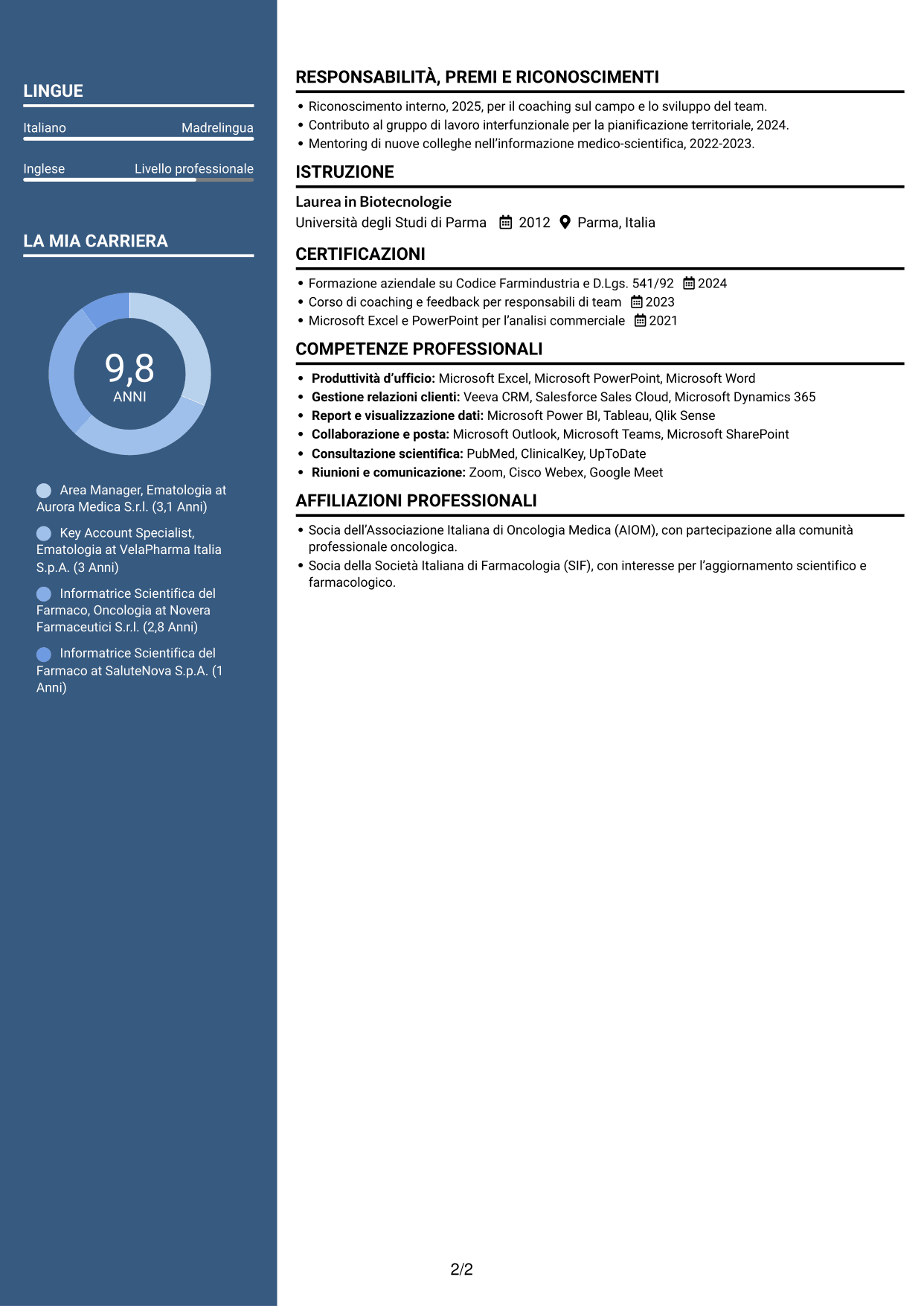 CV Signature (formato con colonna laterale colorata e foto grande): Area Manager - Ematologia, pagina 2
