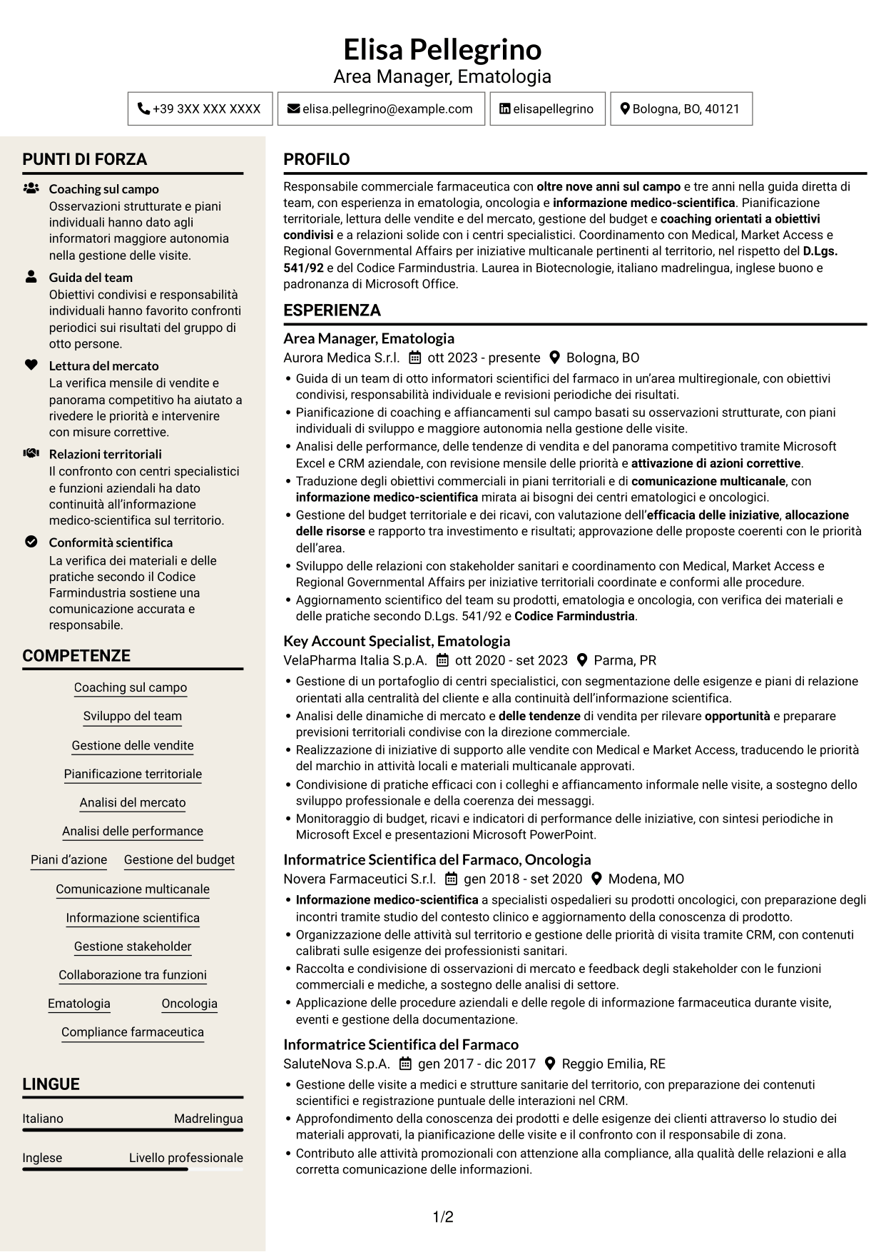 CV Intraprendente (formato a due colonne con intestazione centrata senza foto): Area Manager - Ematologia, pagina 1