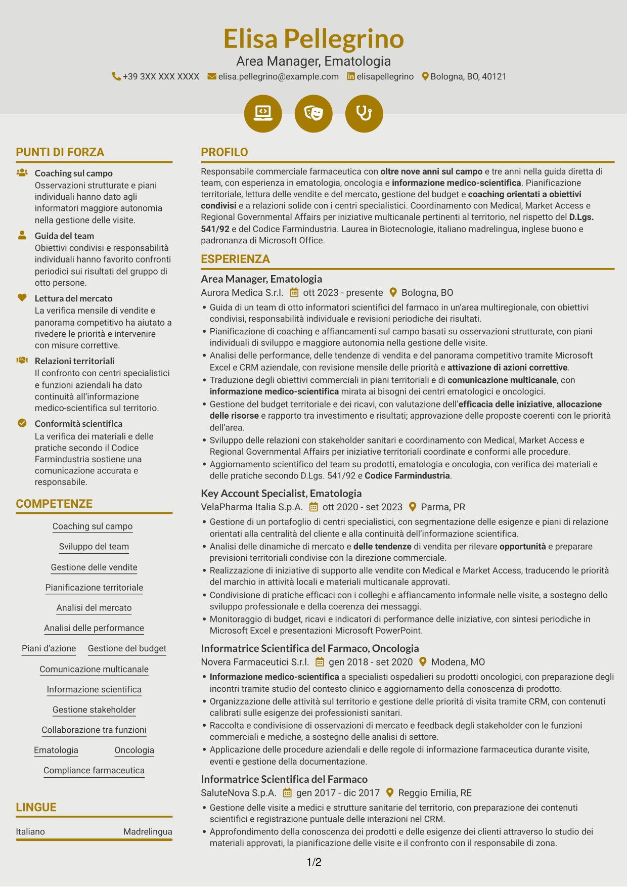 CV Dinamico (formato a due colonne con icone): Area Manager - Ematologia, pagina 1