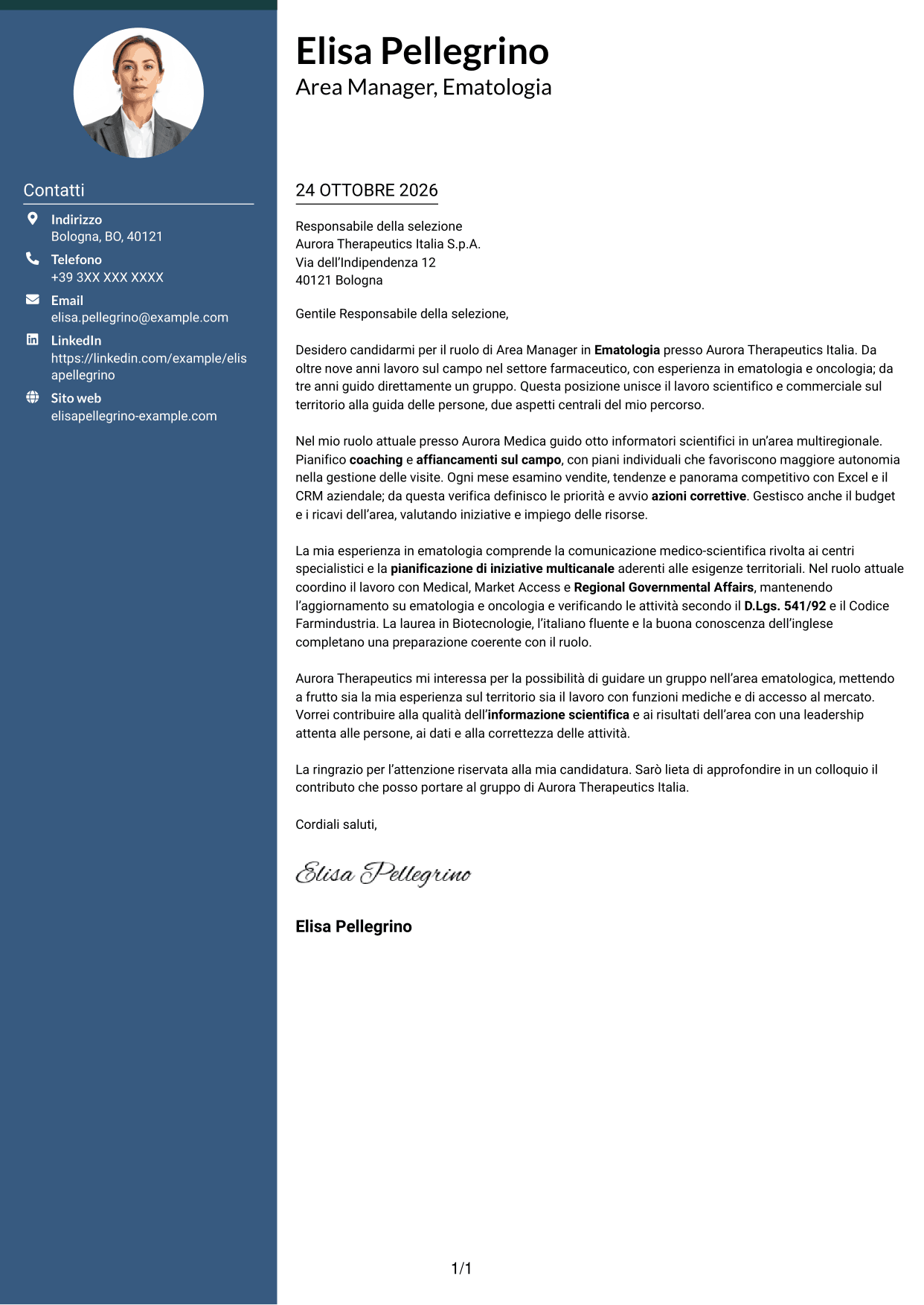 Lettera di presentazione Elegante (formato con colonna laterale colorata e foto): Area Manager - Ematologia, pagina 1