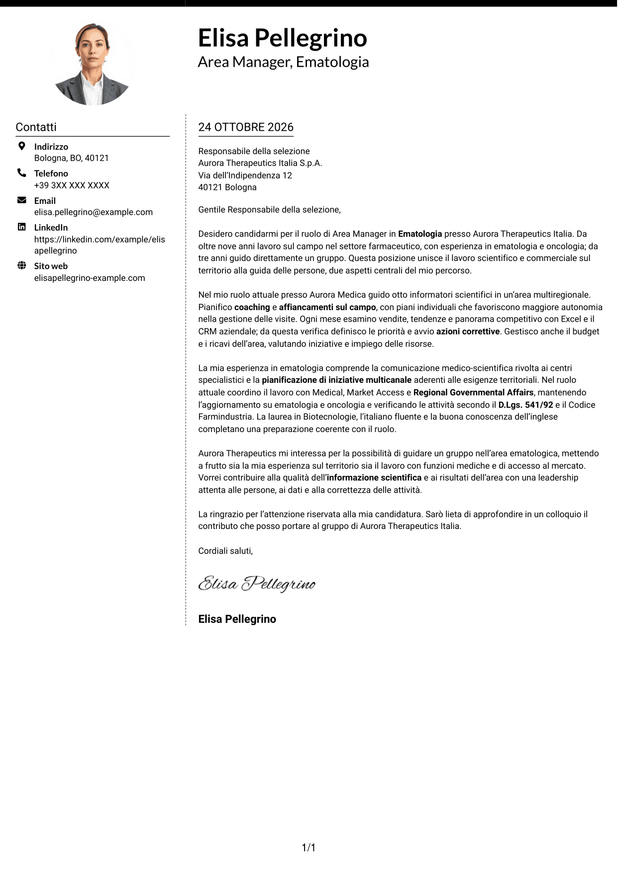 Lettera di presentazione Moderno (formato a due colonne con foto a sinistra e separatore): Area Manager - Ematologia, pagina 1