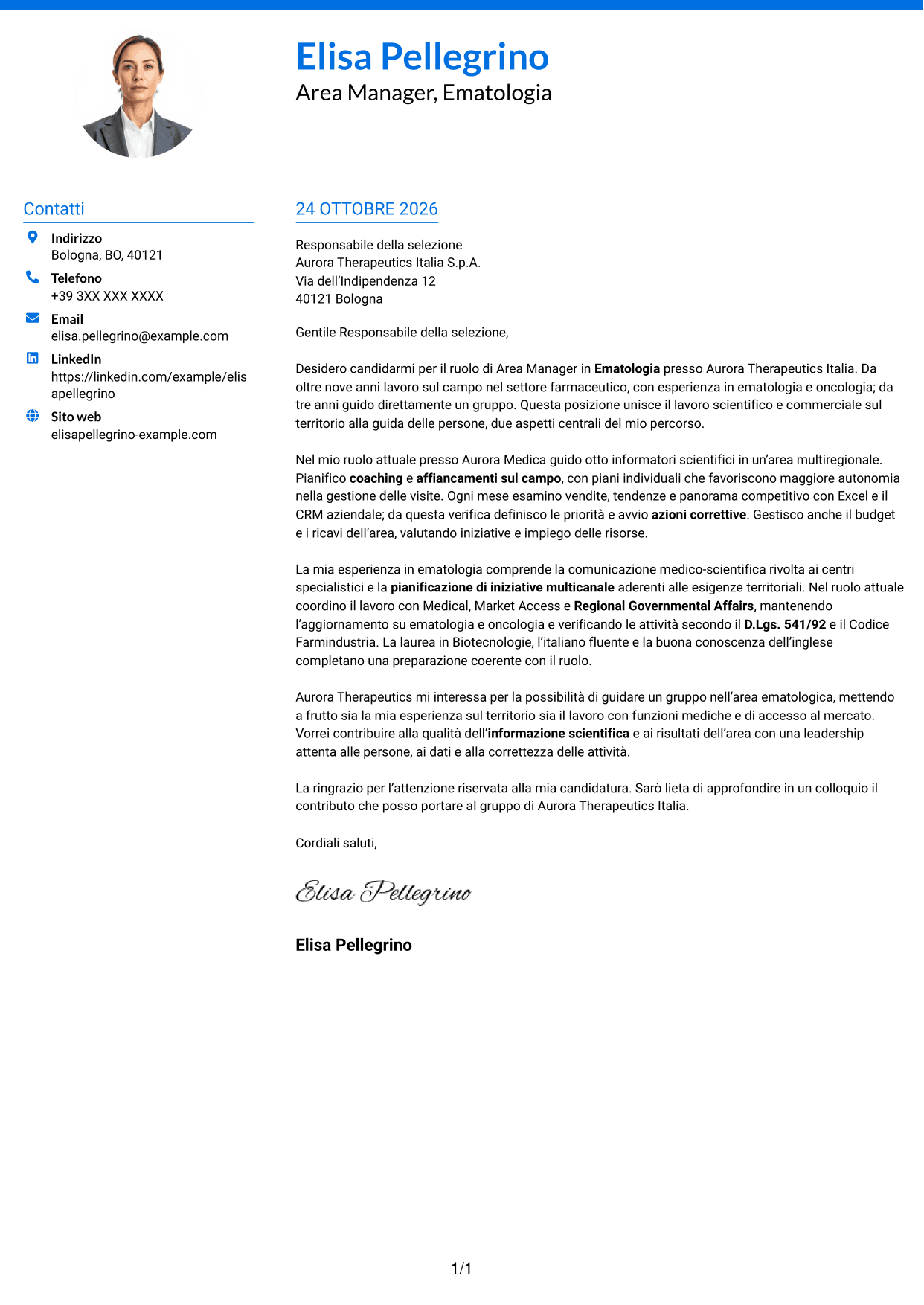 Lettera di presentazione Audace (formato a due colonne con accenti colorati e foto): Area Manager - Ematologia, pagina 1