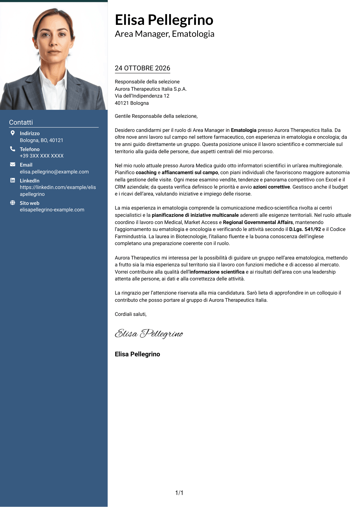 Lettera di presentazione Signature (formato con colonna laterale colorata e foto grande): Area Manager - Ematologia, pagina 1