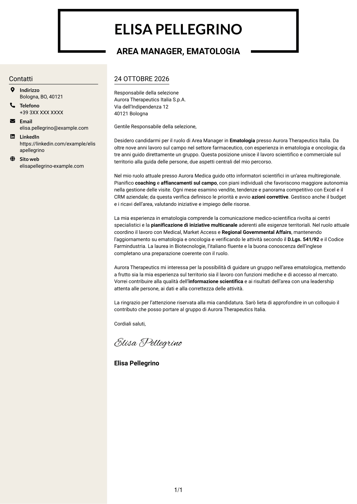 Lettera di presentazione Intraprendente (formato a due colonne con intestazione centrata senza foto): Area Manager - Ematologia, pagina 1