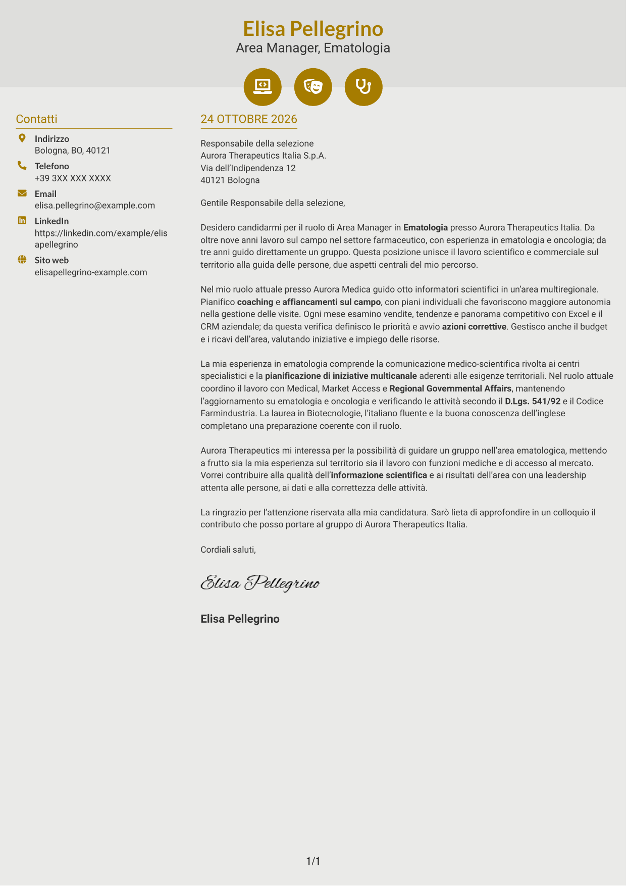 Lettera di presentazione Dinamico (formato a due colonne con icone): Area Manager - Ematologia, pagina 1