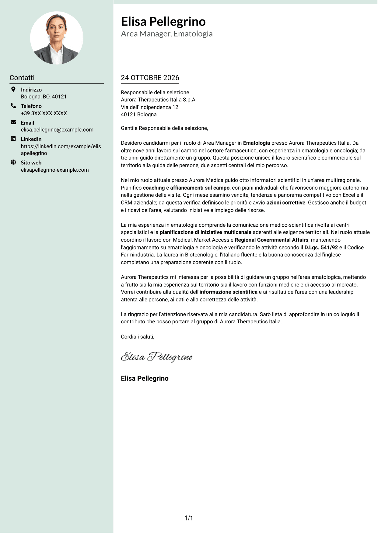 Lettera di presentazione Dirigente (formato con colonna laterale tenue e foto arrotondata): Area Manager - Ematologia, pagina 1