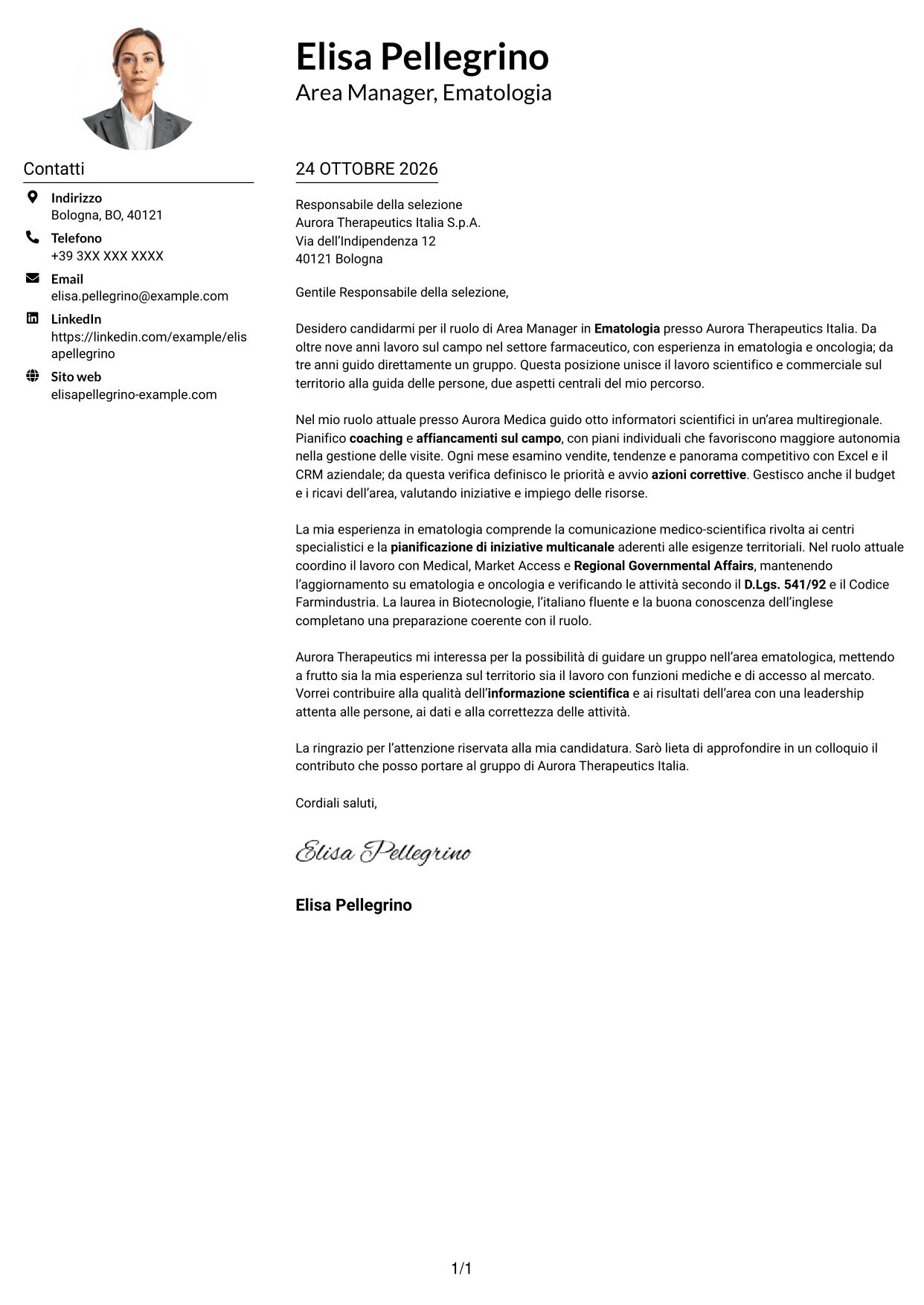 Esempio di lettera di presentazione — pagina 1