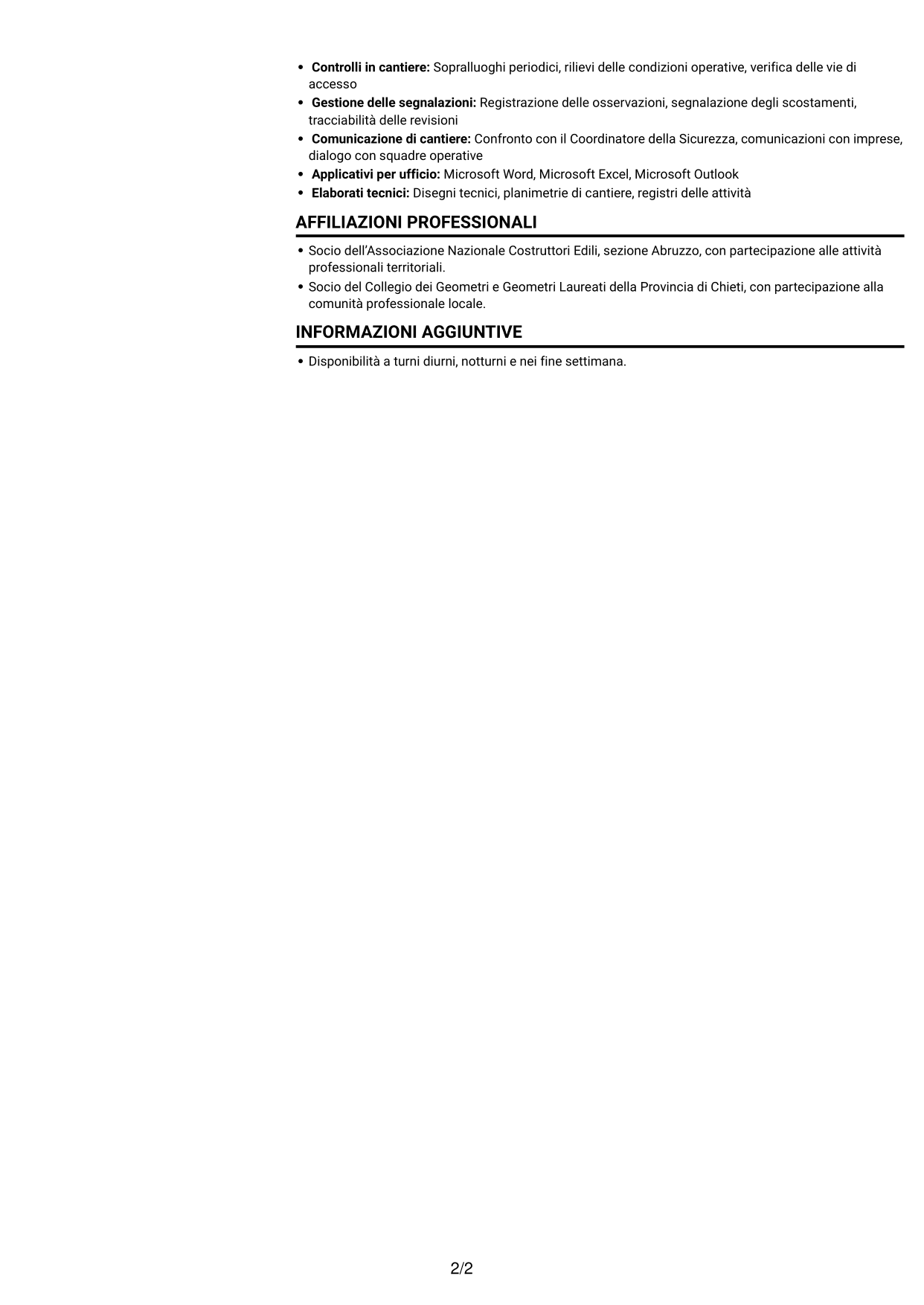 CV Compatto (formato sobrio a due colonne con foto): Assistente al Coordinatore per la Sicurezza - Cantieri Autostradali, pagina 2