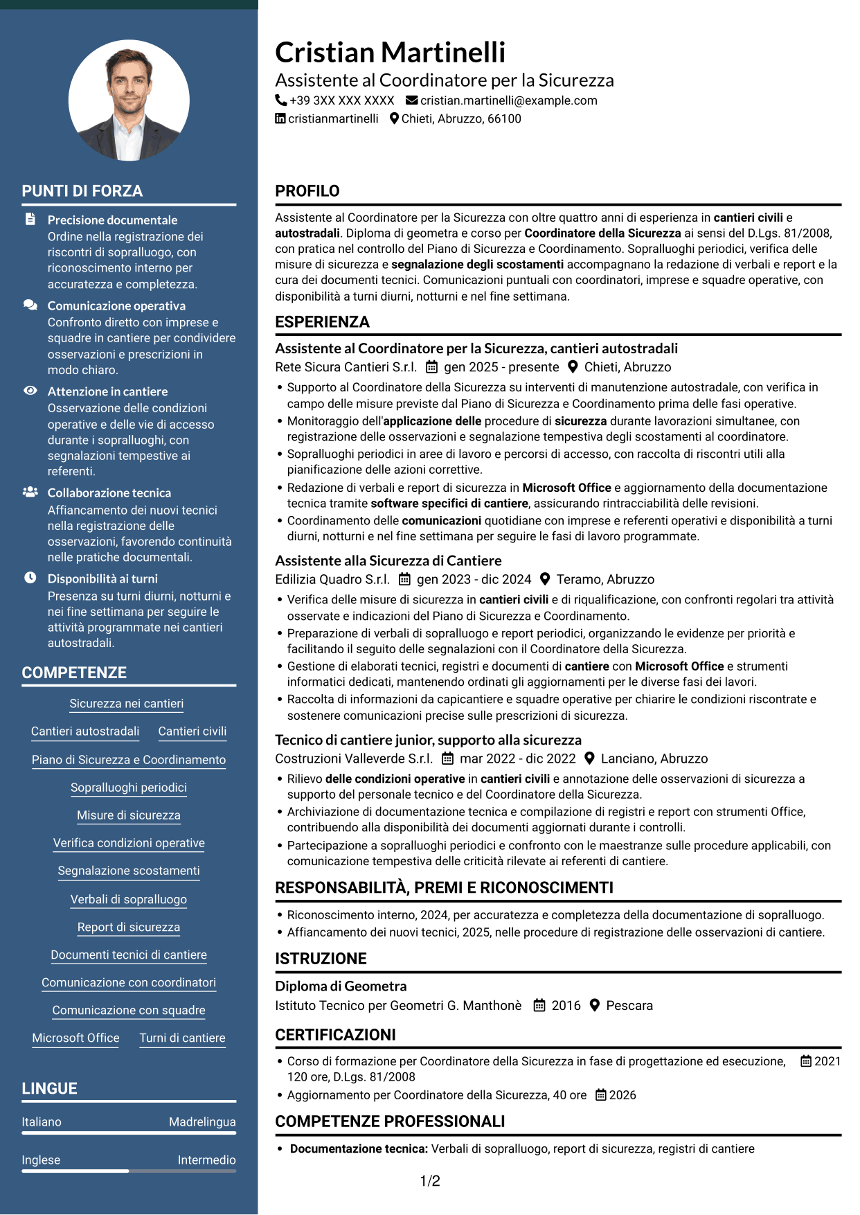 CV Elegante (formato con colonna laterale colorata e foto): Assistente al Coordinatore per la Sicurezza - Cantieri Autostradali, pagina 1