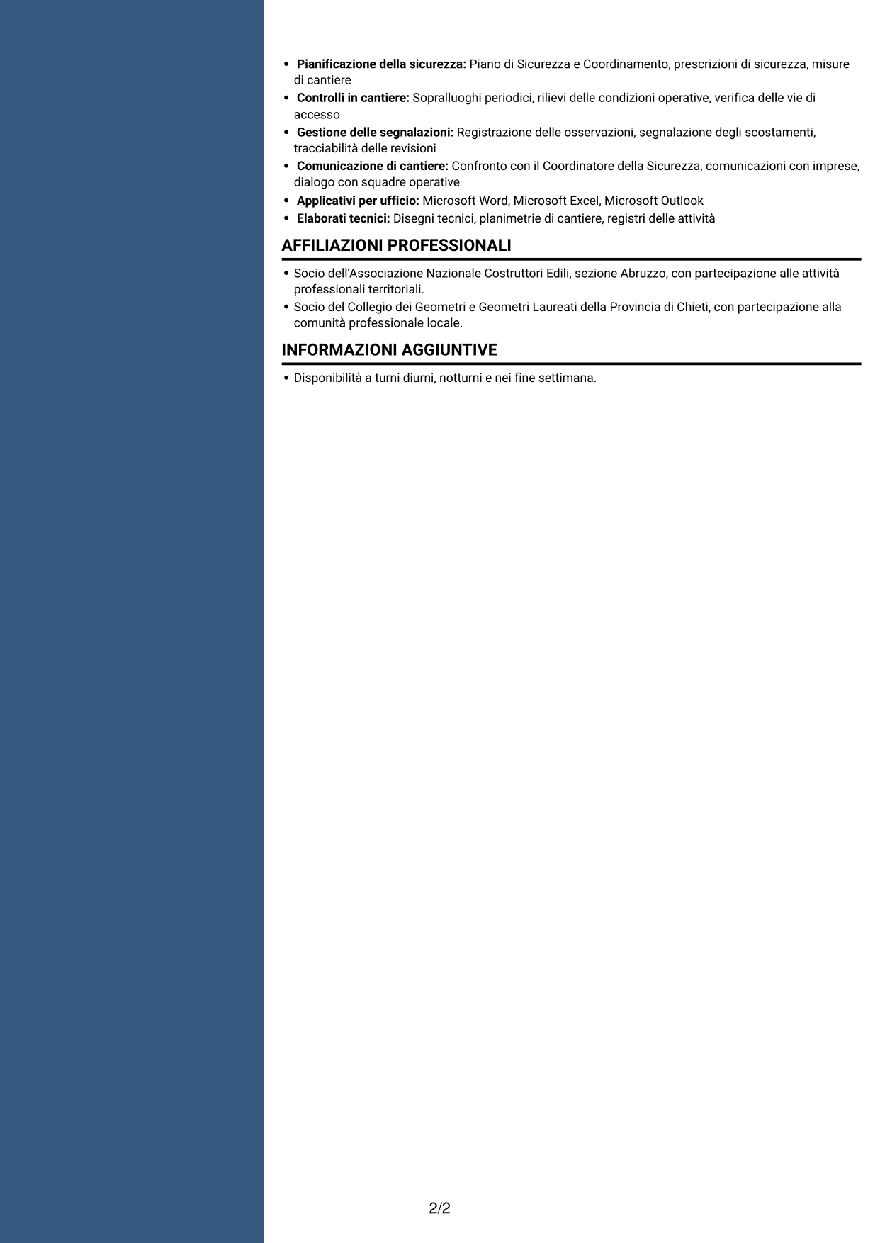 CV Elegante (formato con colonna laterale colorata e foto): Assistente al Coordinatore per la Sicurezza - Cantieri Autostradali, pagina 2