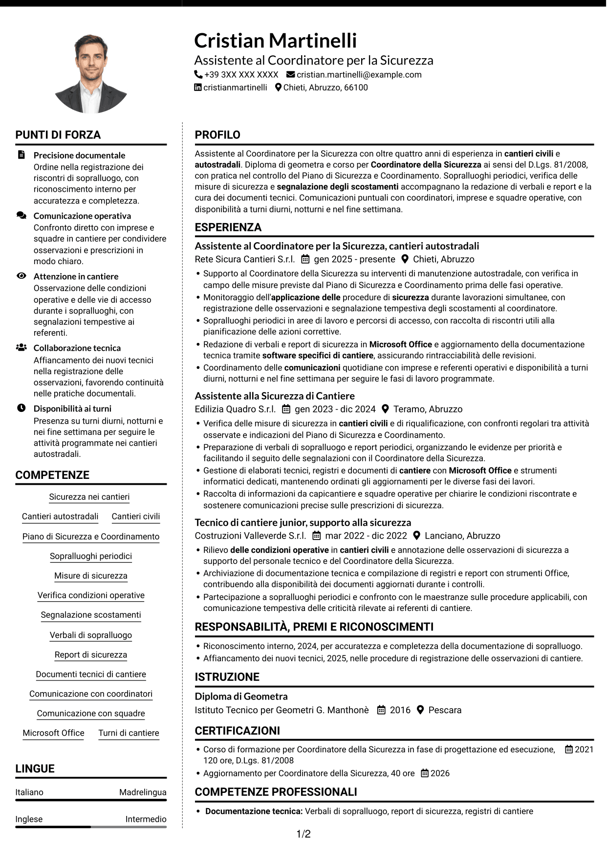 CV Moderno (formato a due colonne con foto a sinistra e separatore): Assistente al Coordinatore per la Sicurezza - Cantieri Autostradali, pagina 1