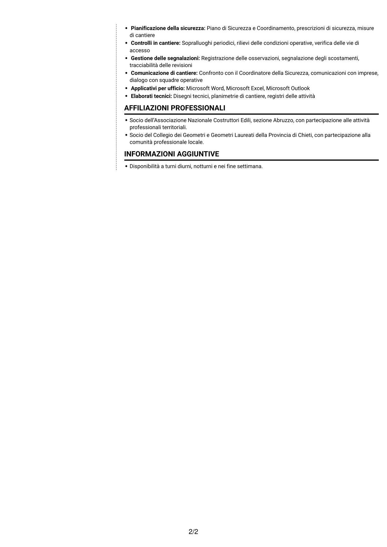 CV Moderno (formato a due colonne con foto a sinistra e separatore): Assistente al Coordinatore per la Sicurezza - Cantieri Autostradali, pagina 2