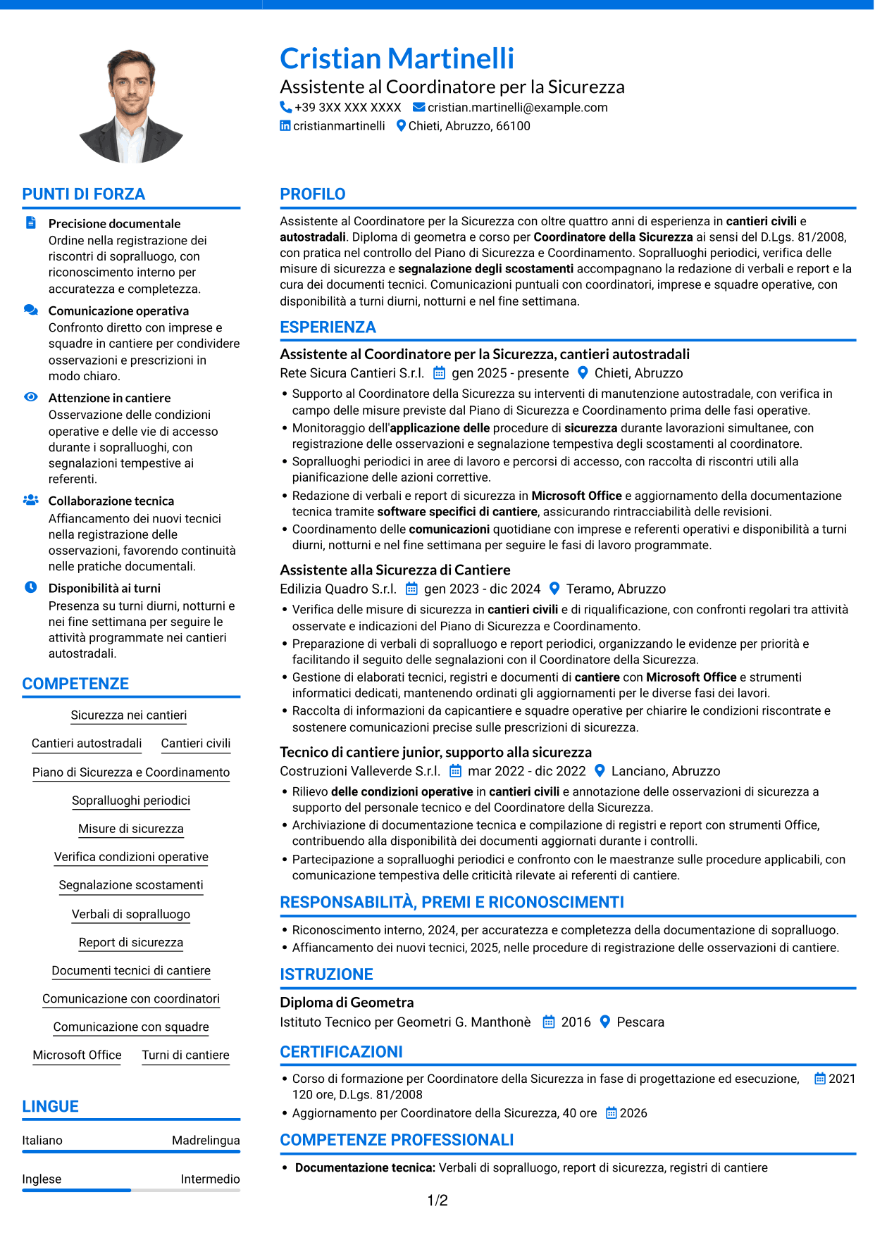 CV Audace (formato a due colonne con accenti colorati e foto): Assistente al Coordinatore per la Sicurezza - Cantieri Autostradali, pagina 1