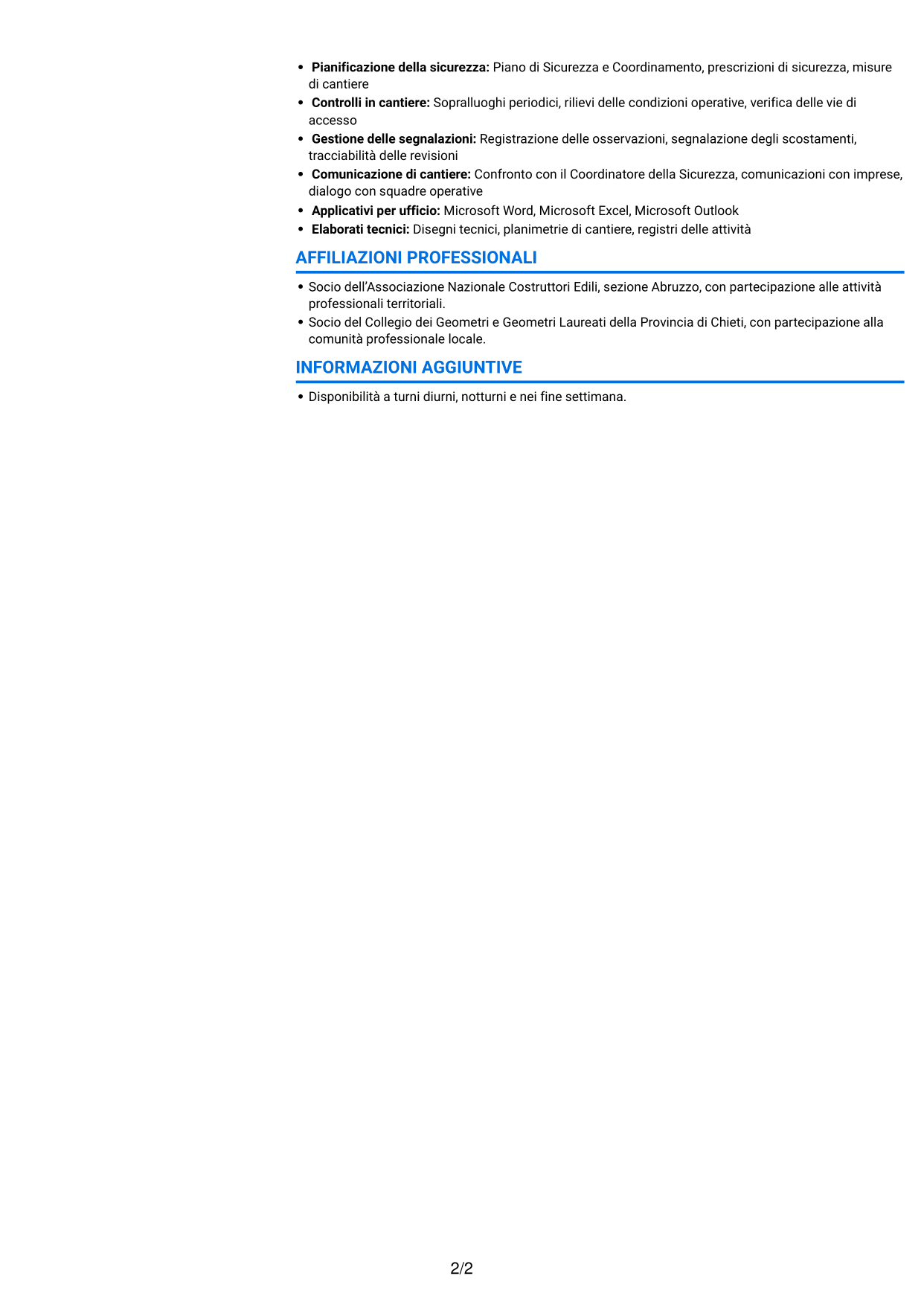 CV Audace (formato a due colonne con accenti colorati e foto): Assistente al Coordinatore per la Sicurezza - Cantieri Autostradali, pagina 2