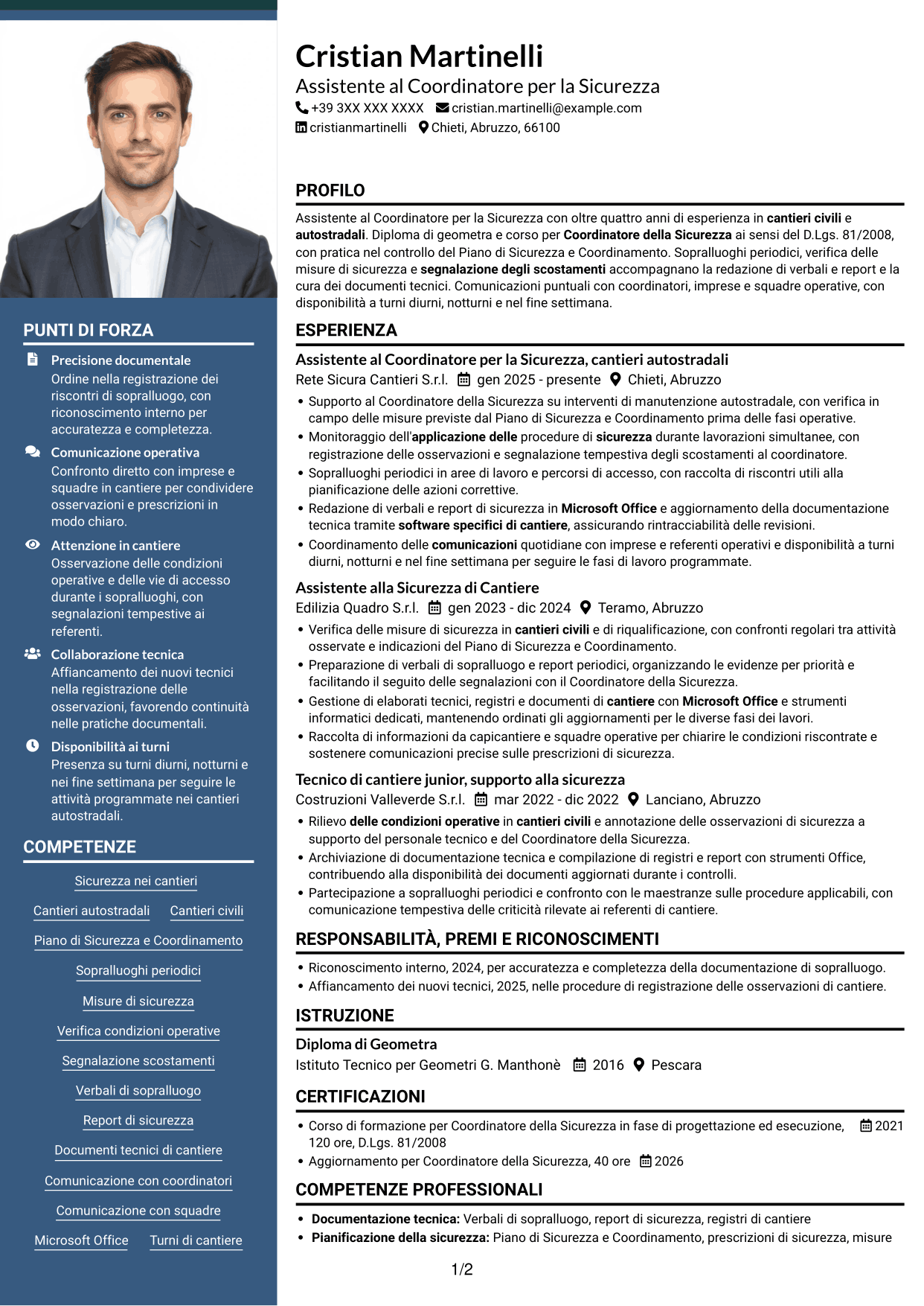 CV Signature (formato con colonna laterale colorata e foto grande): Assistente al Coordinatore per la Sicurezza - Cantieri Autostradali, pagina 1
