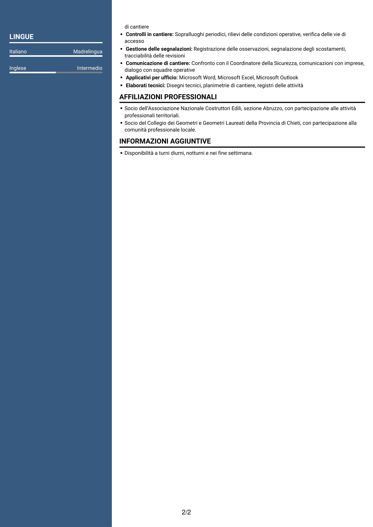 CV Signature (formato con colonna laterale colorata e foto grande): Assistente al Coordinatore per la Sicurezza - Cantieri Autostradali, pagina 2