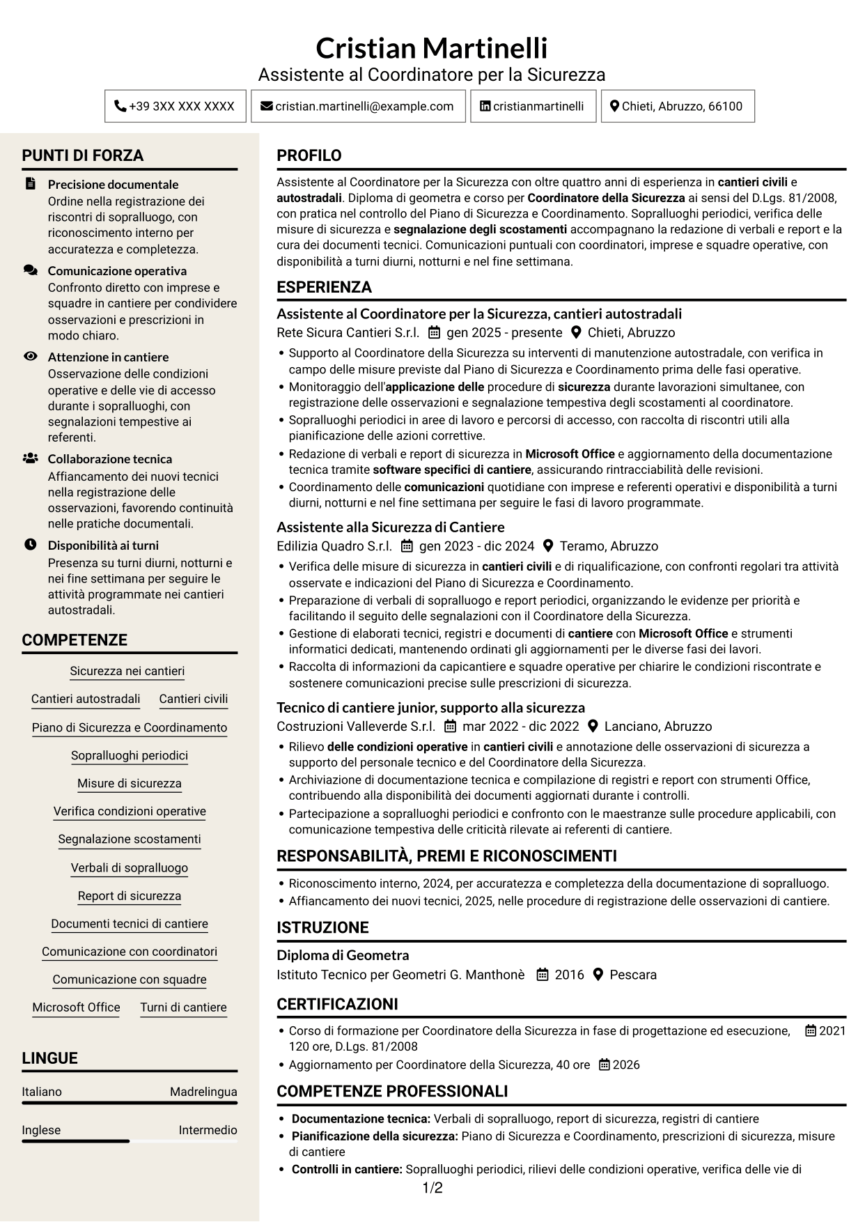CV Intraprendente (formato a due colonne con intestazione centrata senza foto): Assistente al Coordinatore per la Sicurezza - Cantieri Autostradali, pagina 1