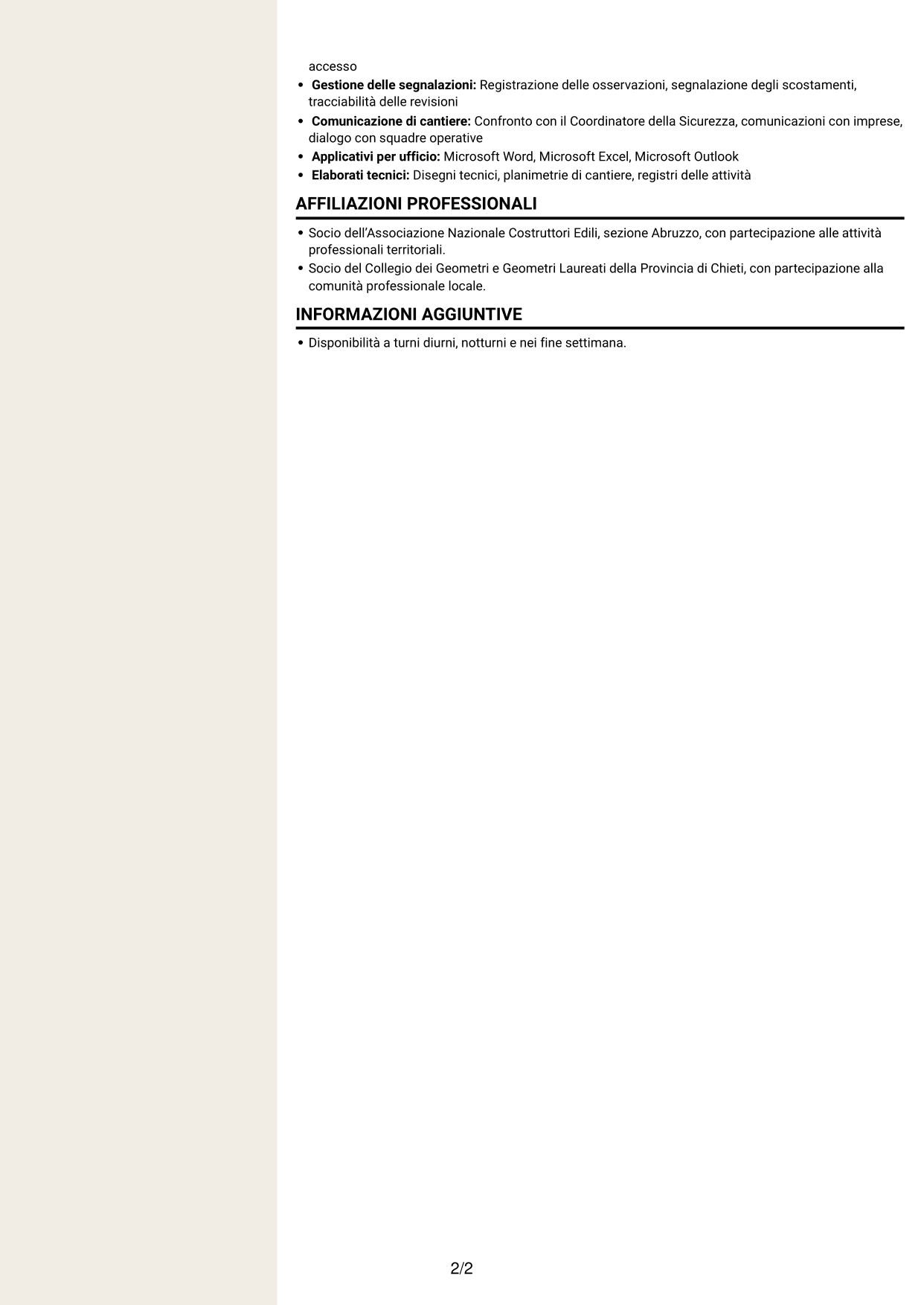 CV Intraprendente (formato a due colonne con intestazione centrata senza foto): Assistente al Coordinatore per la Sicurezza - Cantieri Autostradali, pagina 2