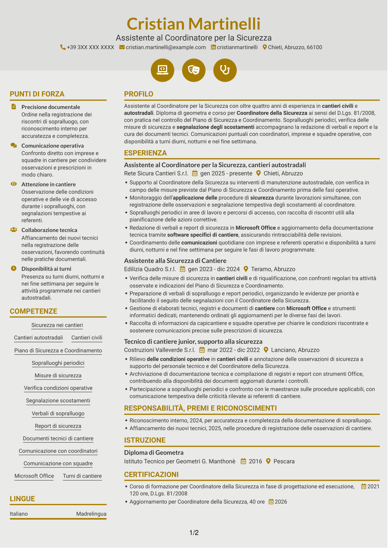 CV Dinamico (formato a due colonne con icone): Assistente al Coordinatore per la Sicurezza - Cantieri Autostradali, pagina 1