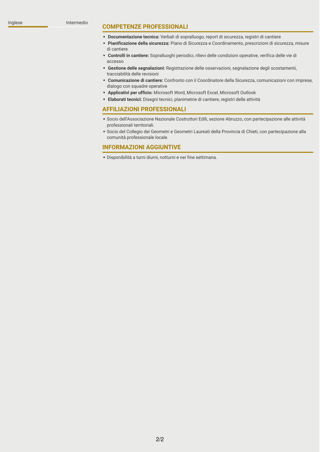 CV Dinamico (formato a due colonne con icone): Assistente al Coordinatore per la Sicurezza - Cantieri Autostradali, pagina 2