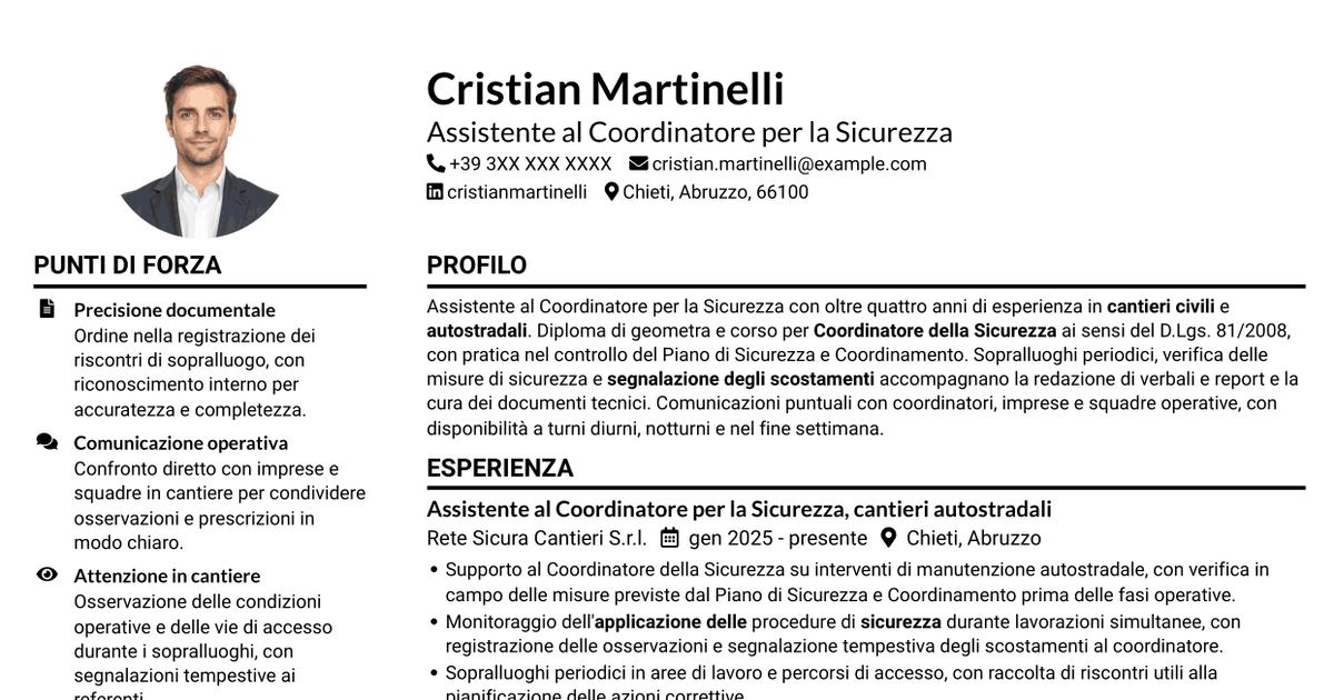 7 modelli di CV per Assistente al Coordinatore per la Sicurezza - Cantieri Autostradali, con esempi