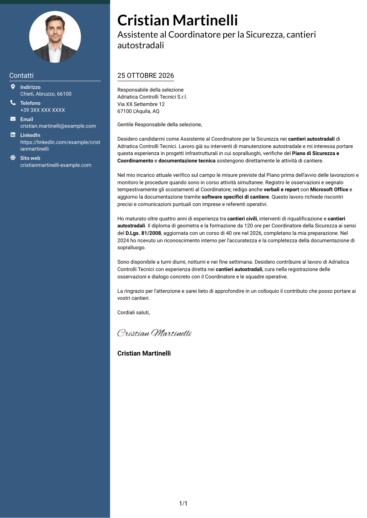 Lettera di presentazione Elegante (formato con colonna laterale colorata e foto): Assistente al Coordinatore per la Sicurezza - Cantieri Autostradali, pagina 1