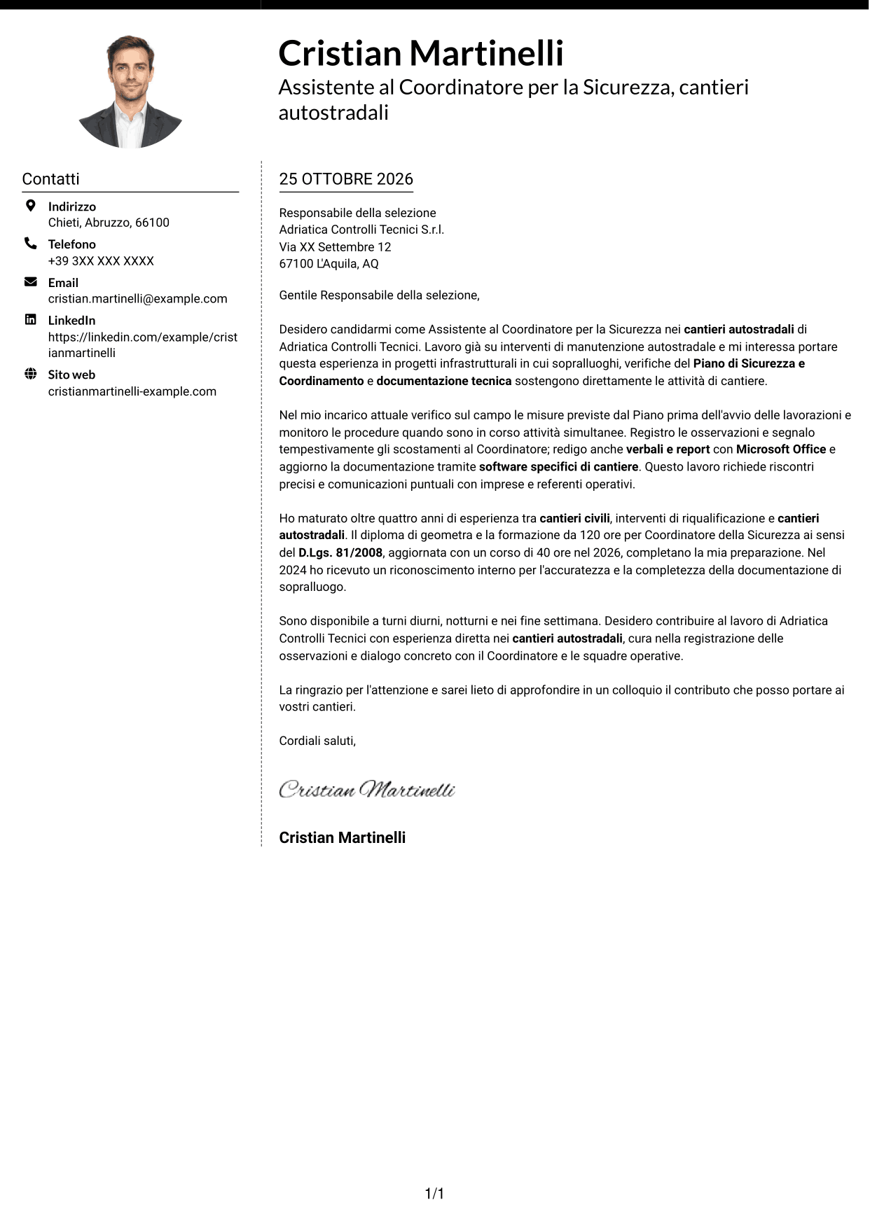 Lettera di presentazione Moderno (formato a due colonne con foto a sinistra e separatore): Assistente al Coordinatore per la Sicurezza - Cantieri Autostradali, pagina 1