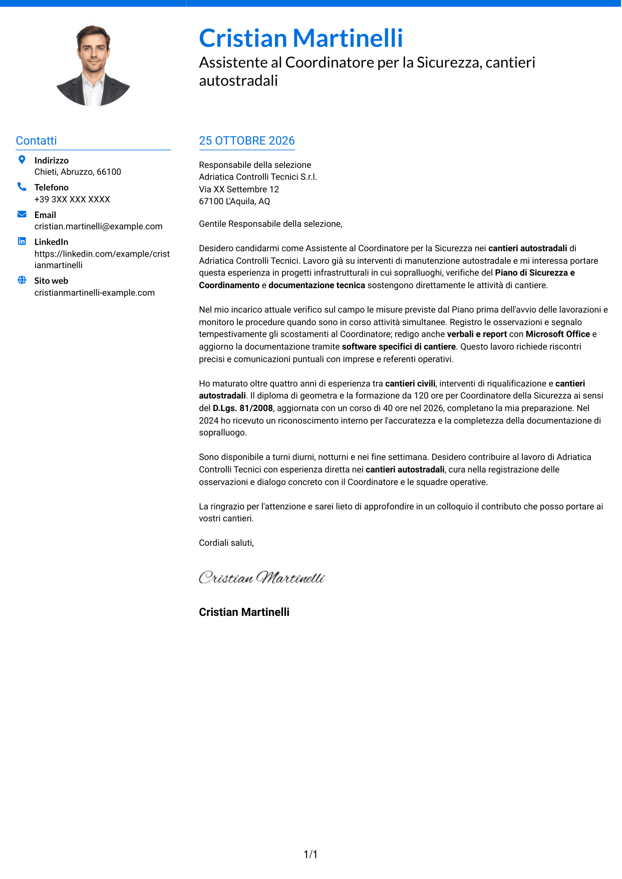 Lettera di presentazione Audace (formato a due colonne con accenti colorati e foto): Assistente al Coordinatore per la Sicurezza - Cantieri Autostradali, pagina 1