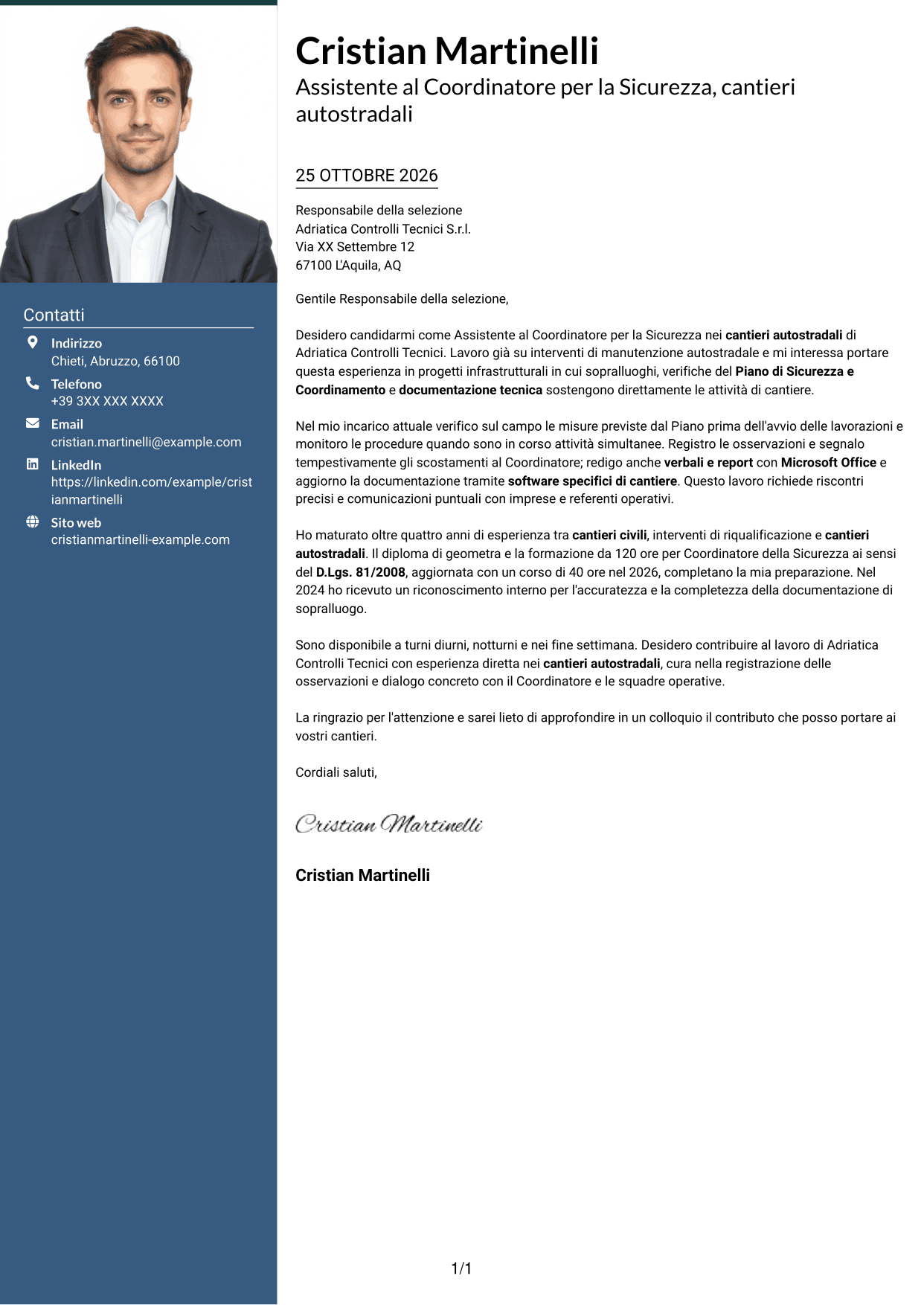 Lettera di presentazione Signature (formato con colonna laterale colorata e foto grande): Assistente al Coordinatore per la Sicurezza - Cantieri Autostradali, pagina 1