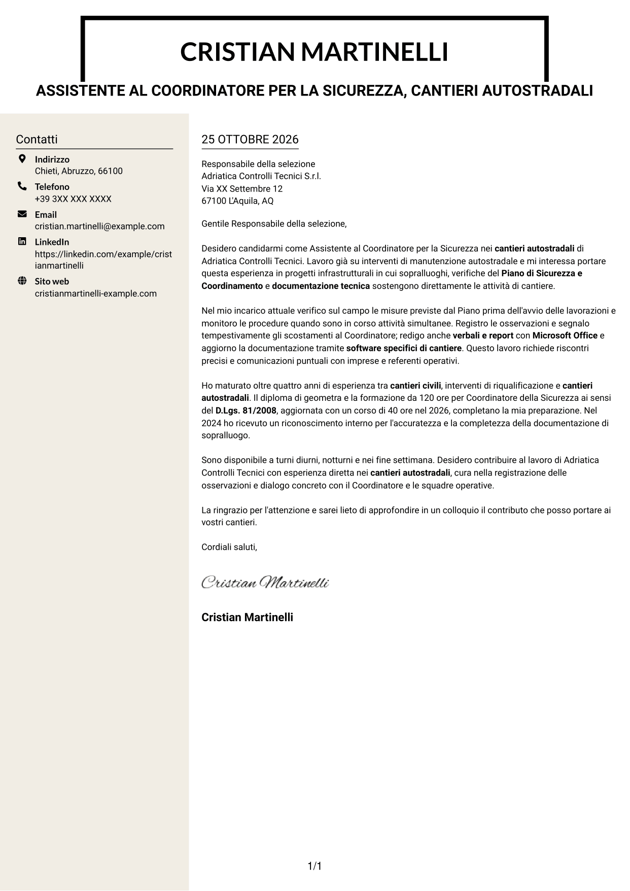 Lettera di presentazione Intraprendente (formato a due colonne con intestazione centrata senza foto): Assistente al Coordinatore per la Sicurezza - Cantieri Autostradali, pagina 1