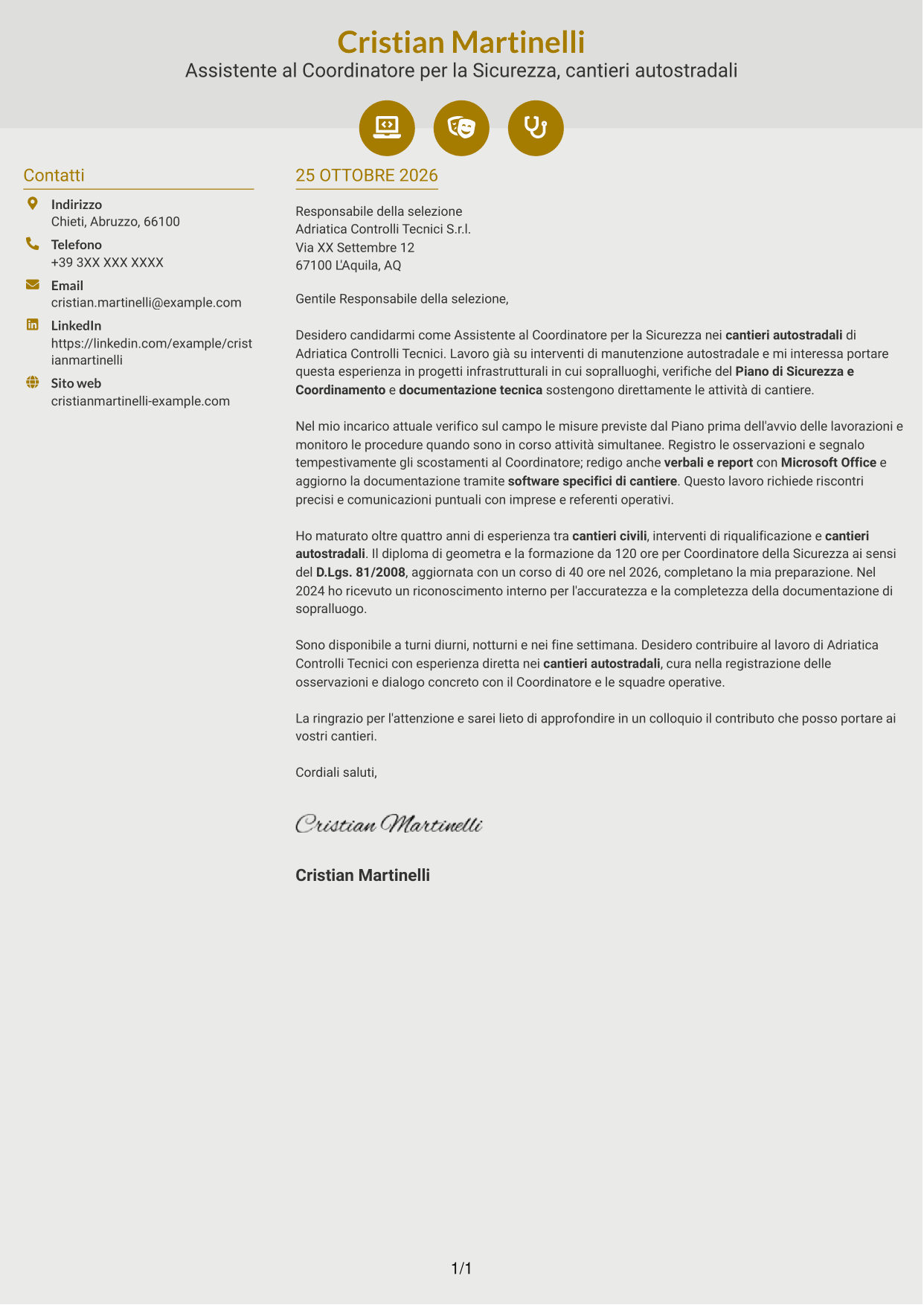 Lettera di presentazione Dinamico (formato a due colonne con icone): Assistente al Coordinatore per la Sicurezza - Cantieri Autostradali, pagina 1