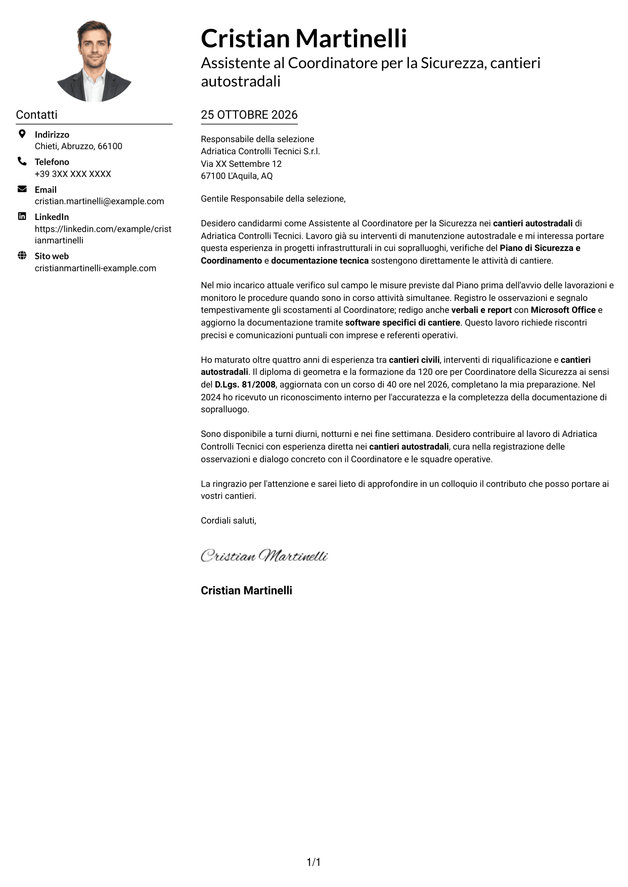 Esempio di lettera di presentazione — pagina 1