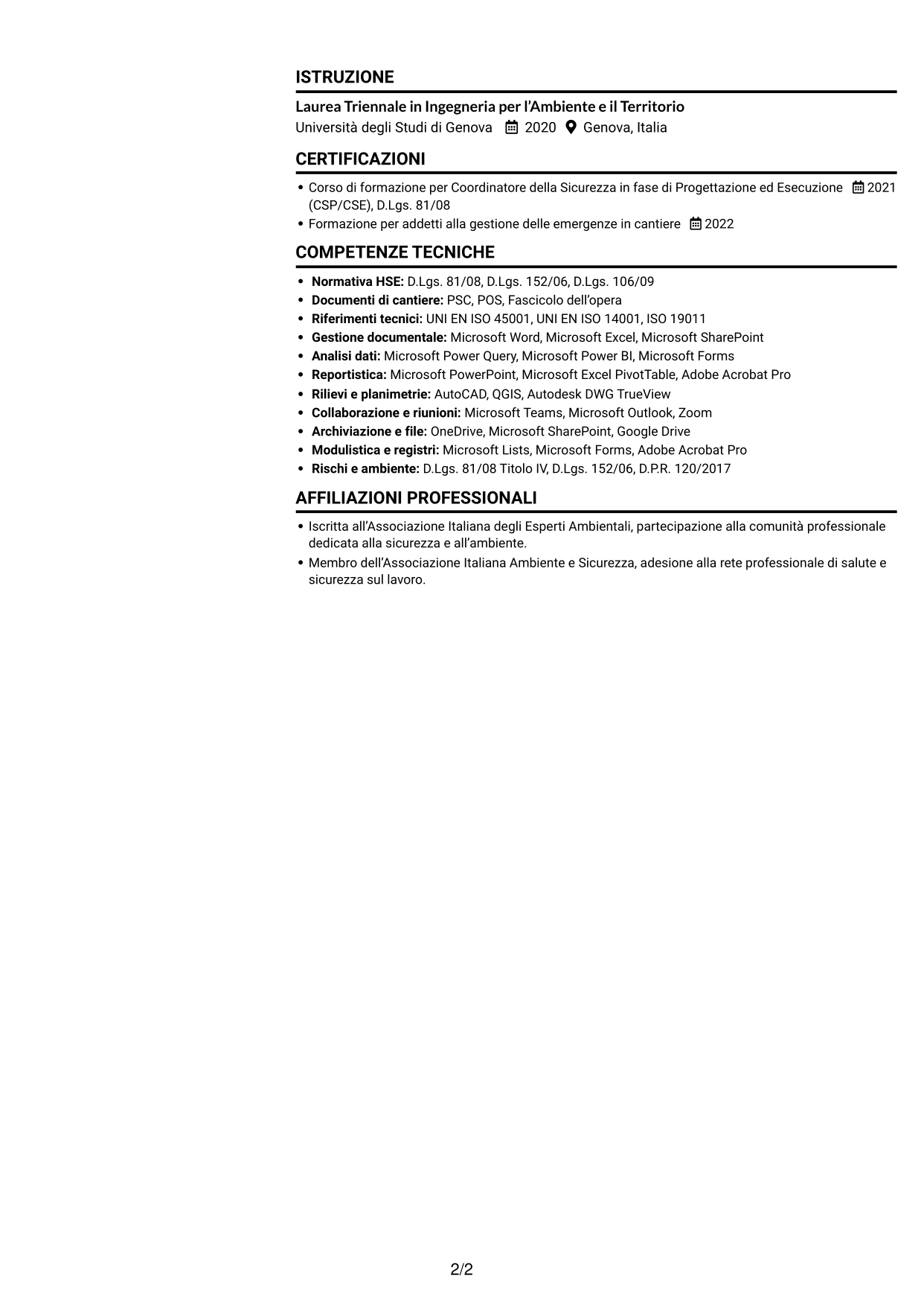 CV Compatto (formato sobrio a due colonne con foto): Assistente al CSE / HSE Specialist - Cantieri infrastrutturali, pagina 2