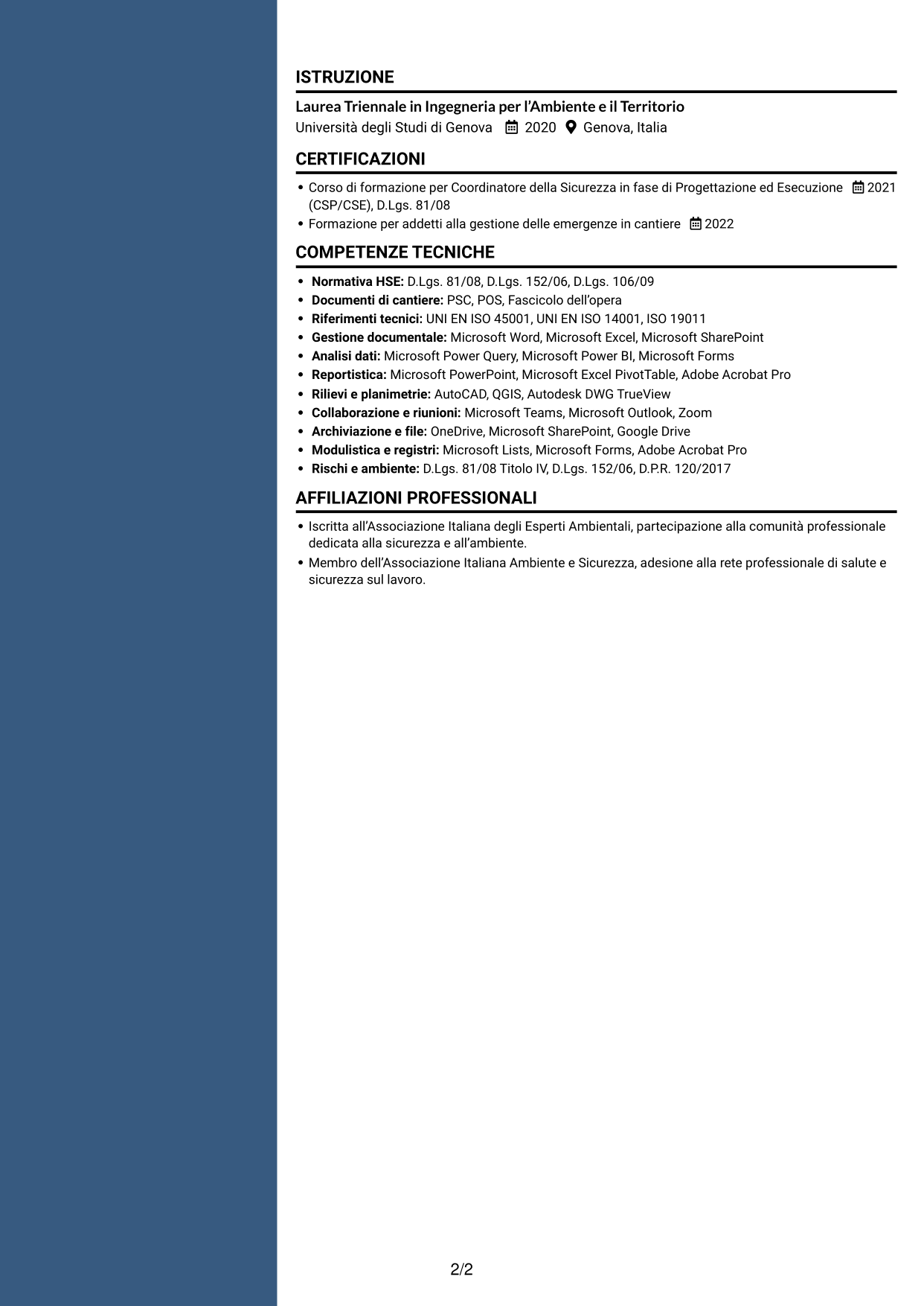 CV Elegante (formato con colonna laterale colorata e foto): Assistente al CSE / HSE Specialist - Cantieri infrastrutturali, pagina 2