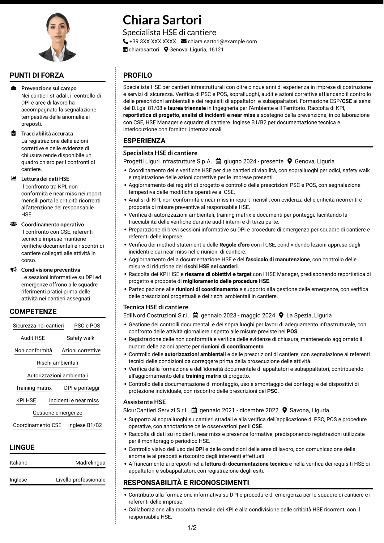 CV Moderno (formato a due colonne con foto a sinistra e separatore): Assistente al CSE / HSE Specialist - Cantieri infrastrutturali, pagina 1