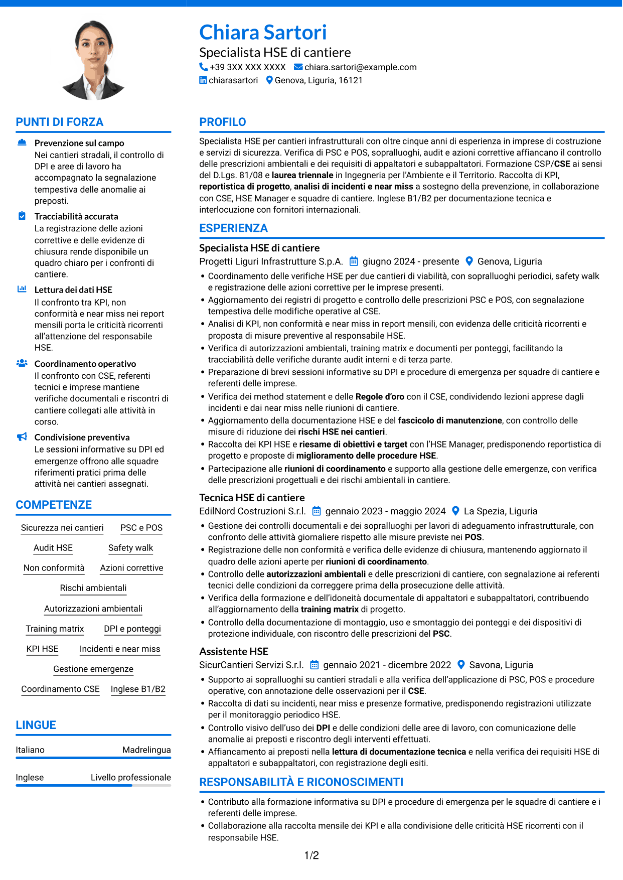 CV Audace (formato a due colonne con accenti colorati e foto): Assistente al CSE / HSE Specialist - Cantieri infrastrutturali, pagina 1