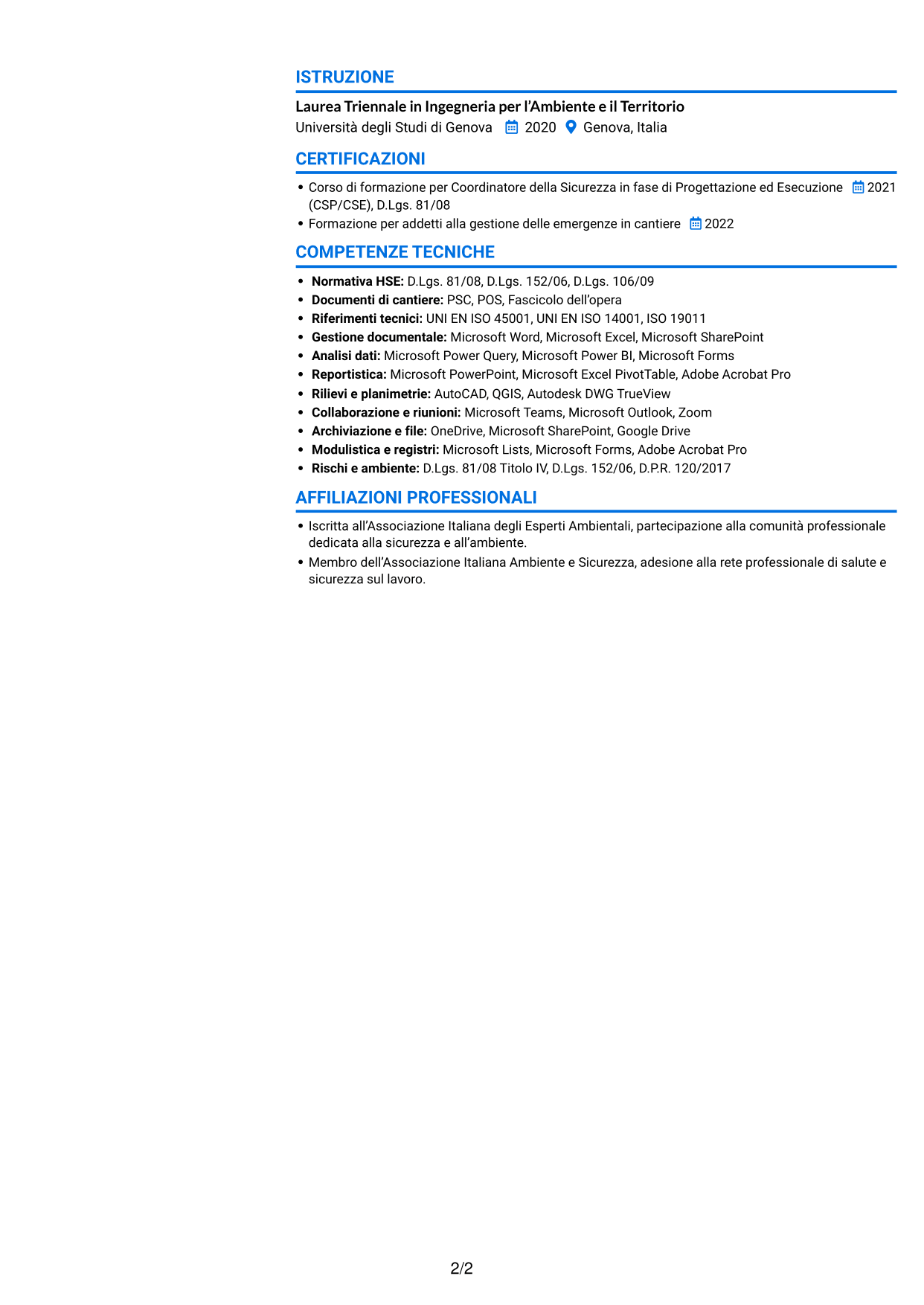 CV Audace (formato a due colonne con accenti colorati e foto): Assistente al CSE / HSE Specialist - Cantieri infrastrutturali, pagina 2