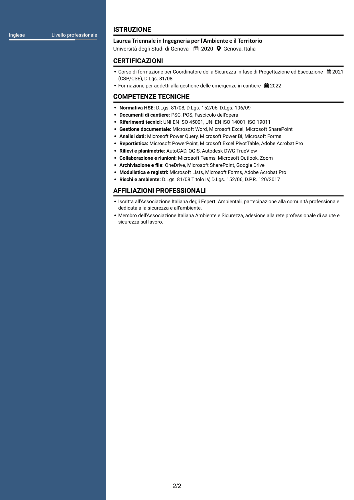 CV Signature (formato con colonna laterale colorata e foto grande): Assistente al CSE / HSE Specialist - Cantieri infrastrutturali, pagina 2