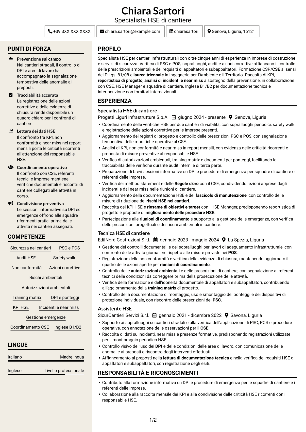 CV Intraprendente (formato a due colonne con intestazione centrata senza foto): Assistente al CSE / HSE Specialist - Cantieri infrastrutturali, pagina 1