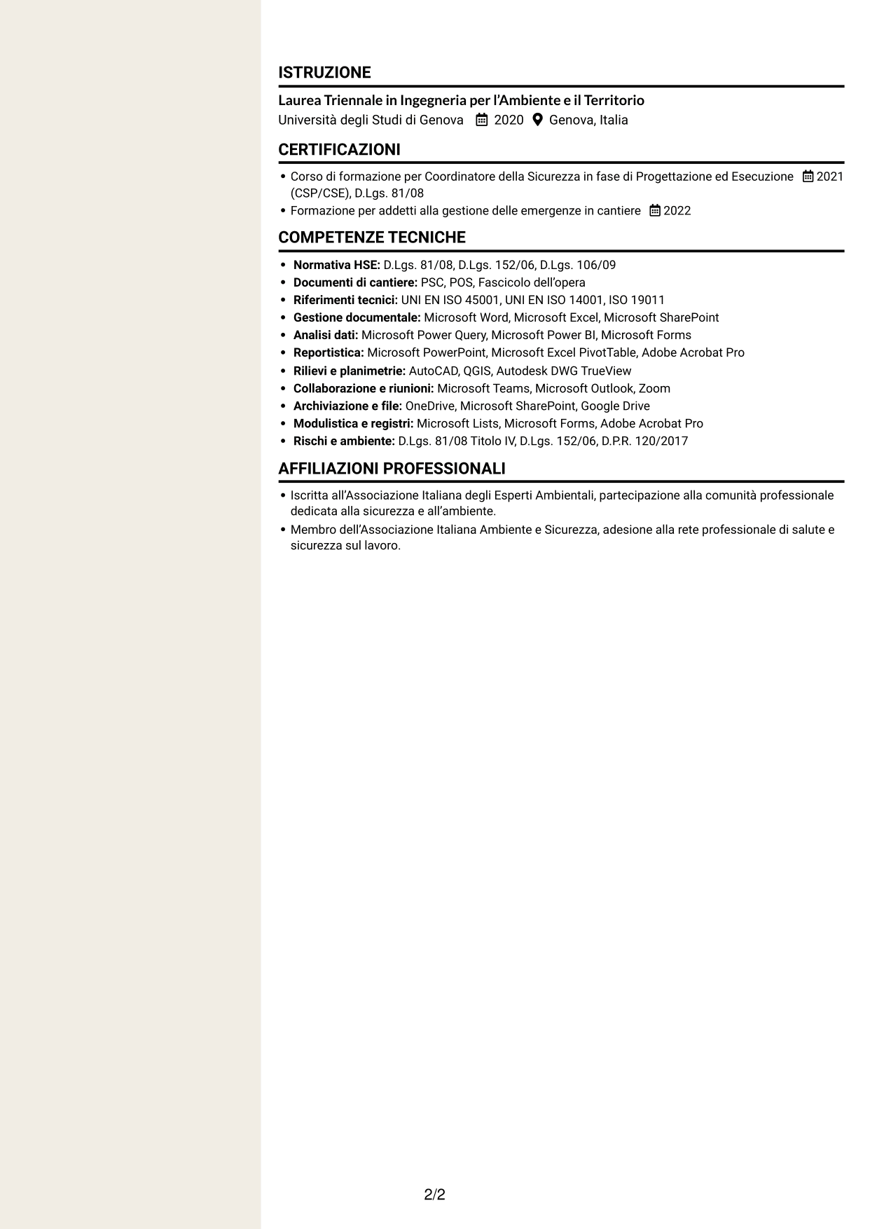 CV Intraprendente (formato a due colonne con intestazione centrata senza foto): Assistente al CSE / HSE Specialist - Cantieri infrastrutturali, pagina 2