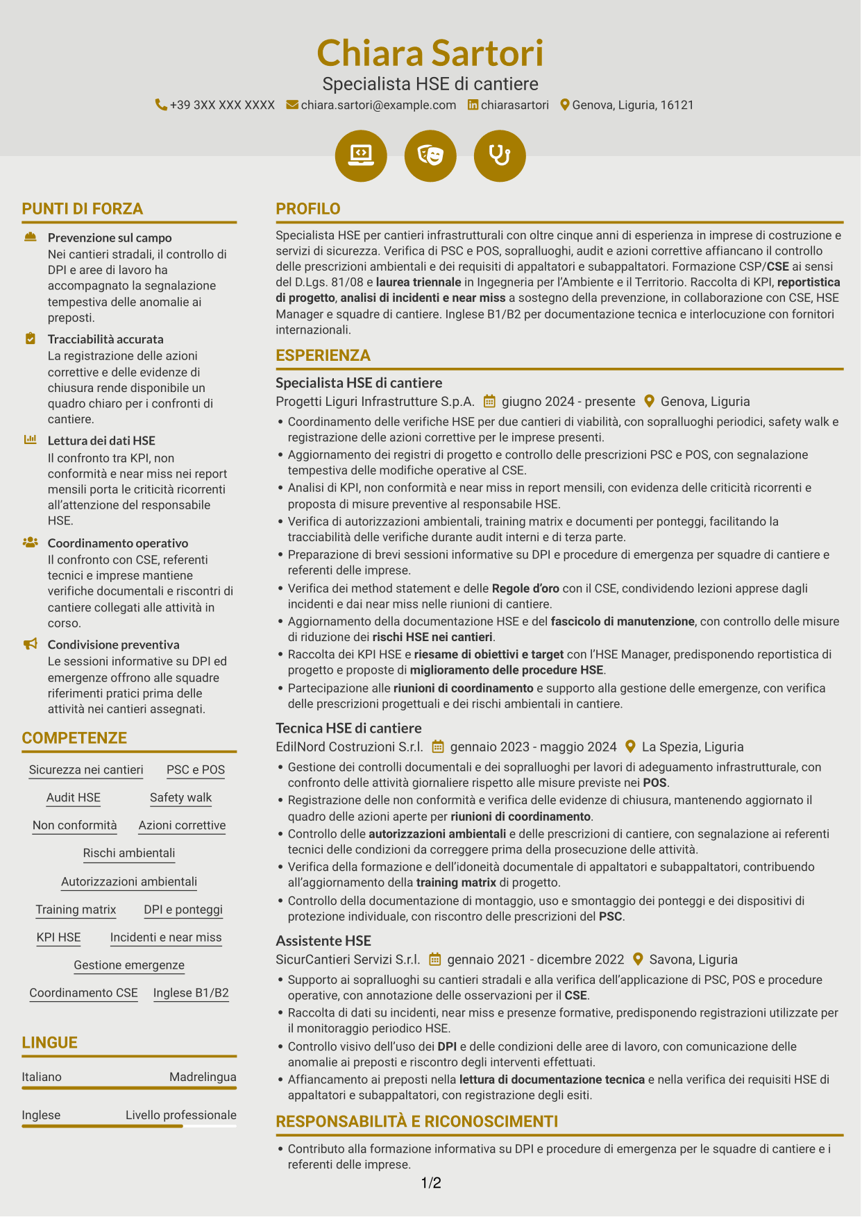 CV Dinamico (formato a due colonne con icone): Assistente al CSE / HSE Specialist - Cantieri infrastrutturali, pagina 1