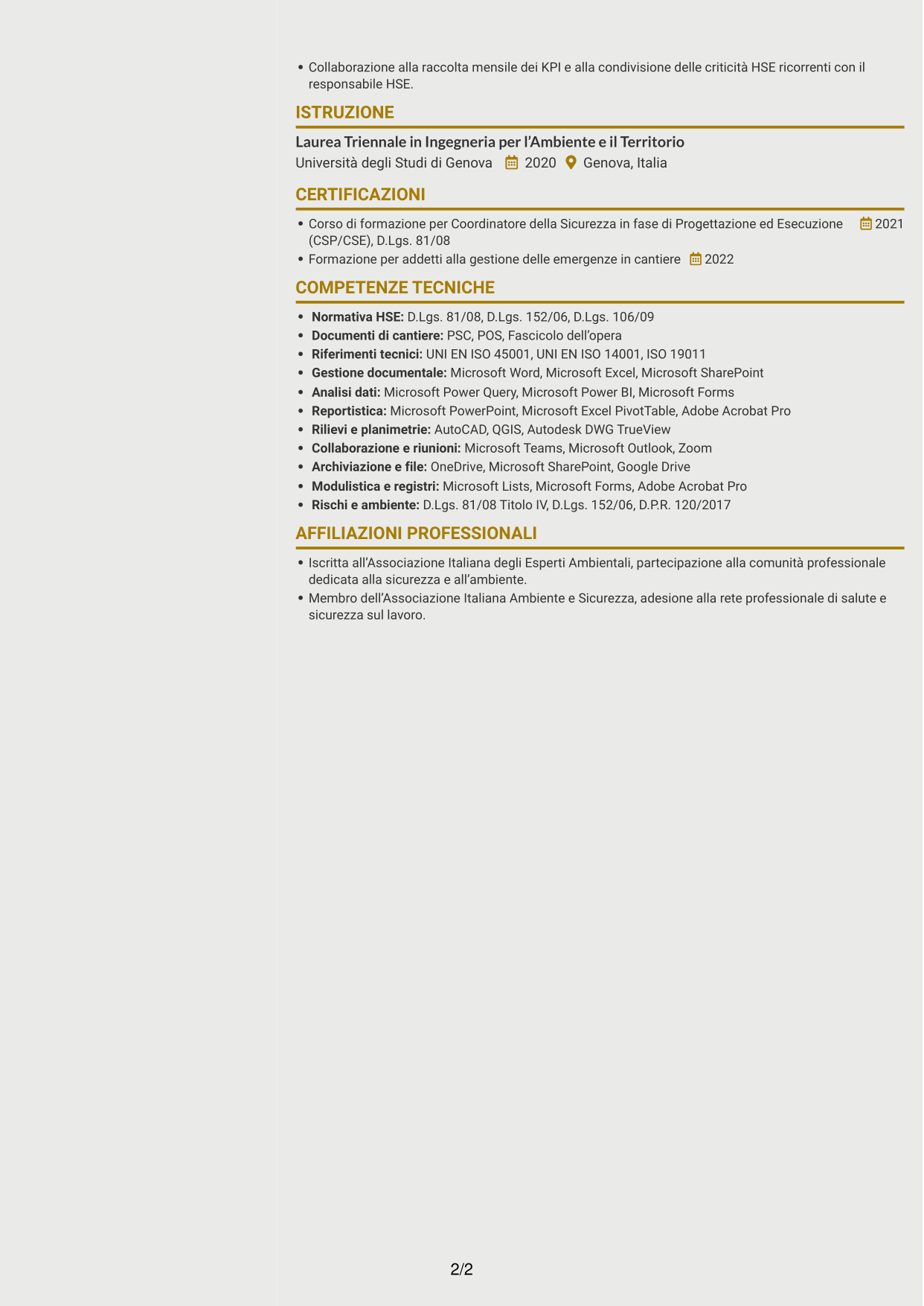 CV Dinamico (formato a due colonne con icone): Assistente al CSE / HSE Specialist - Cantieri infrastrutturali, pagina 2